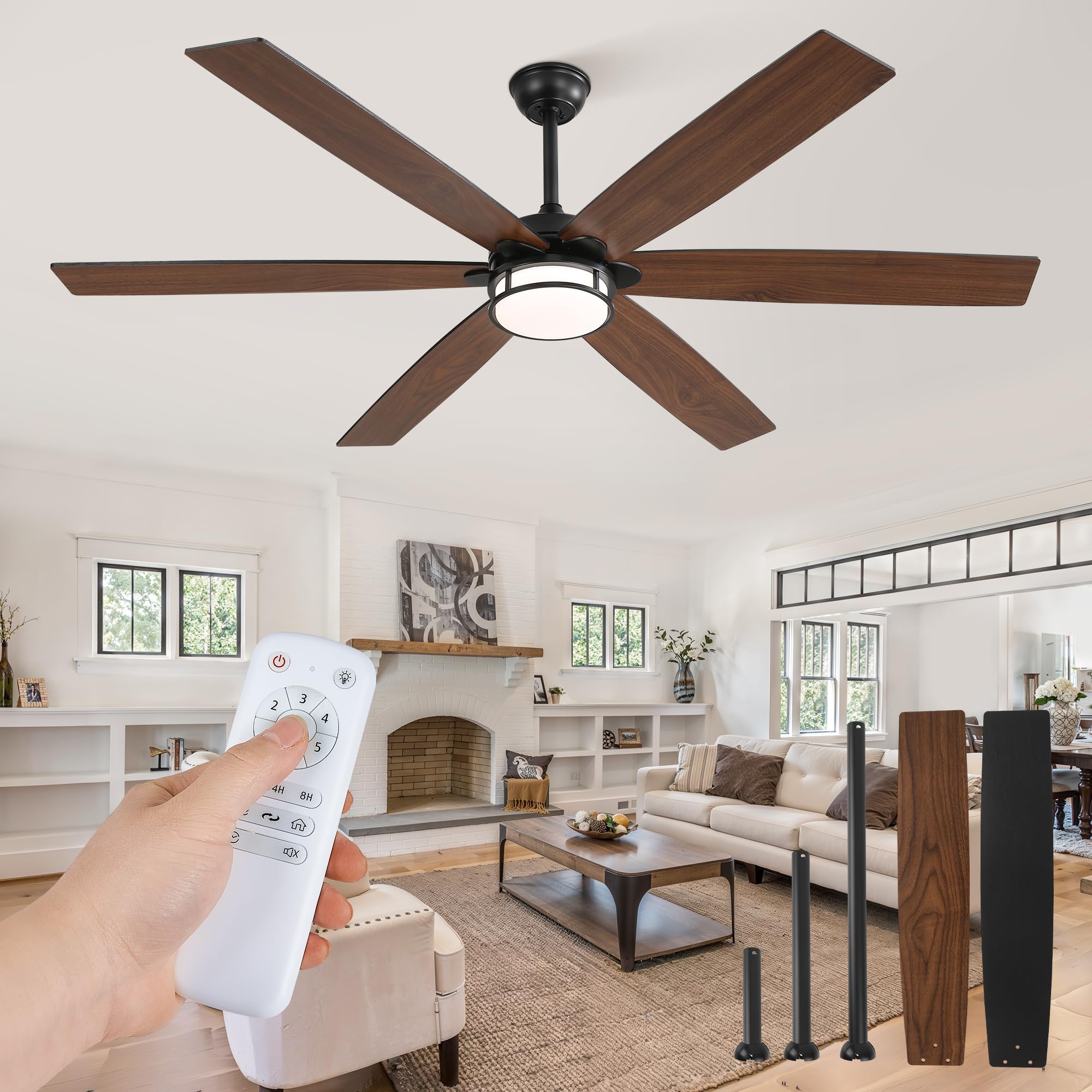 Fanbulous 65 Inch Ceiling Fans With Lights, Farmhouse Large Ceiling Fans With Remote, Black&Brown Modern Ceiling Fan With Led Li