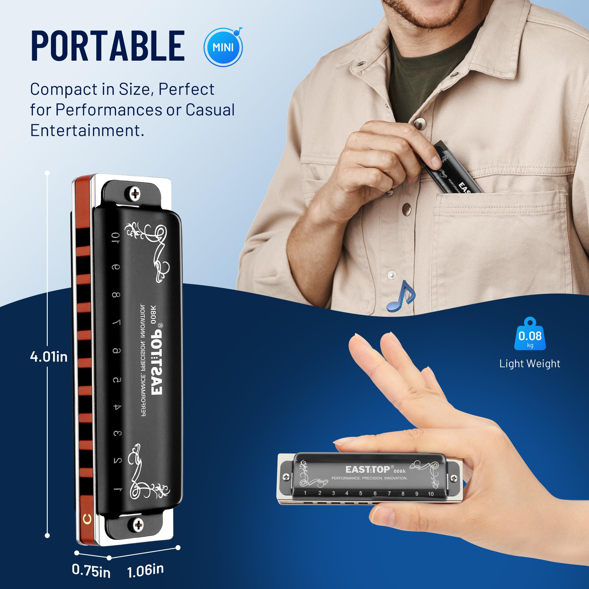 East Top Harmonica C, Updated Diatonic Blues Deluxe Harmonica C Key 10 Holes 20 Tones Professional Blues Harp Diatonic Mouth Org