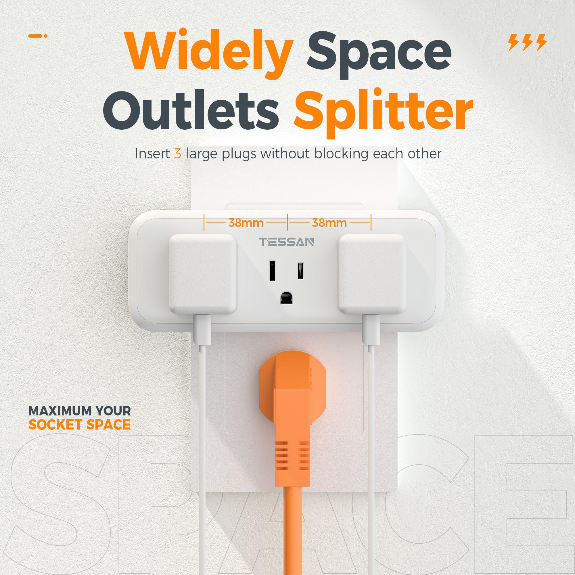 Multi Plug Outlet Splitter, Tessan Surge Protector Wall Plug Splitter With 5 Outlet Extender, 3 Sided Multiple Plug Expander For
