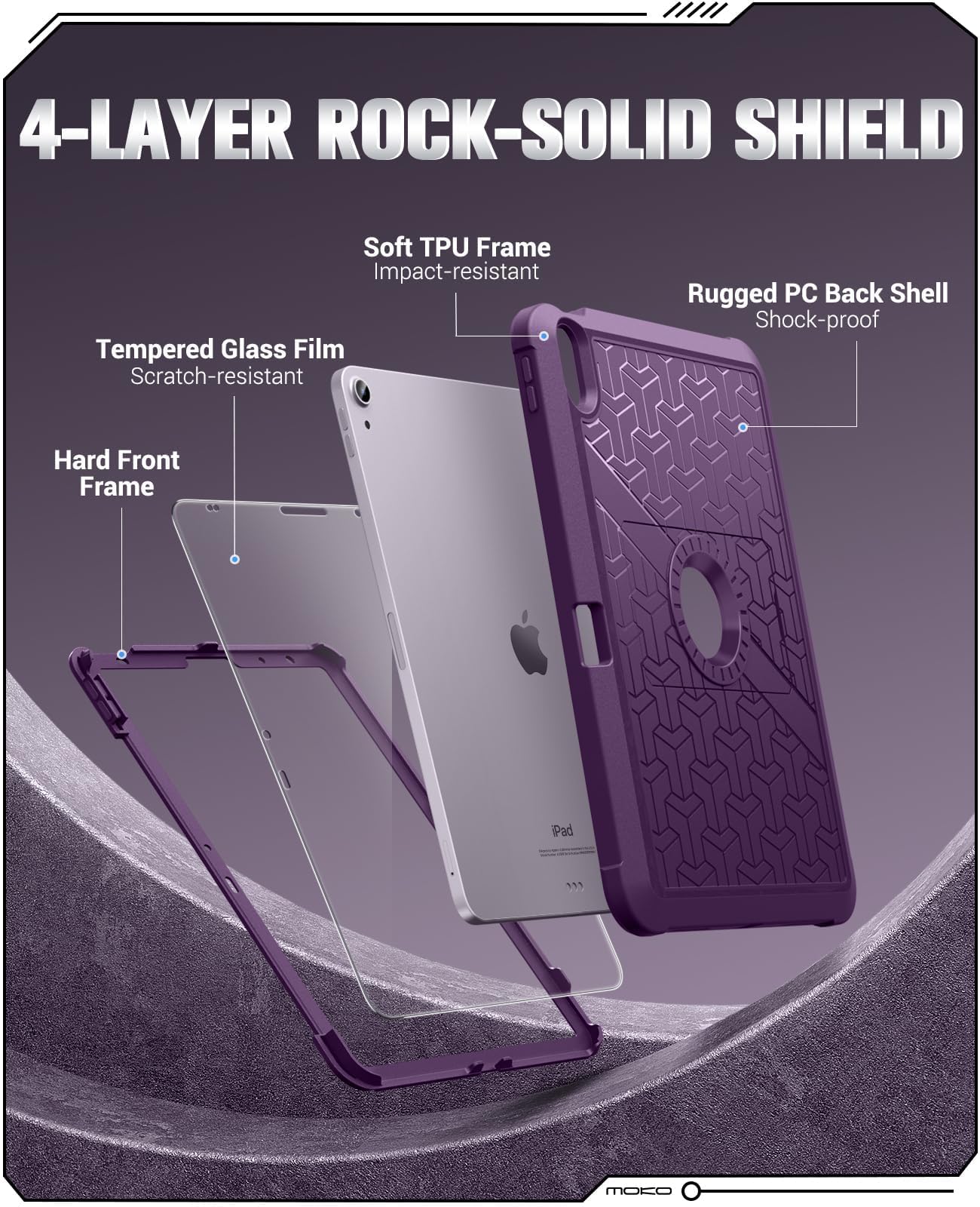 MoKo For iPad Air 5th/4th Gen 2022/2020,iPad Air 6th Generation 11 Inch Case M2 2024,Heavy Duty Shockproof Full Body Cover with Built in Screen Protector & Pencil Holder for iPad Air 6/5/4,Dark Purple