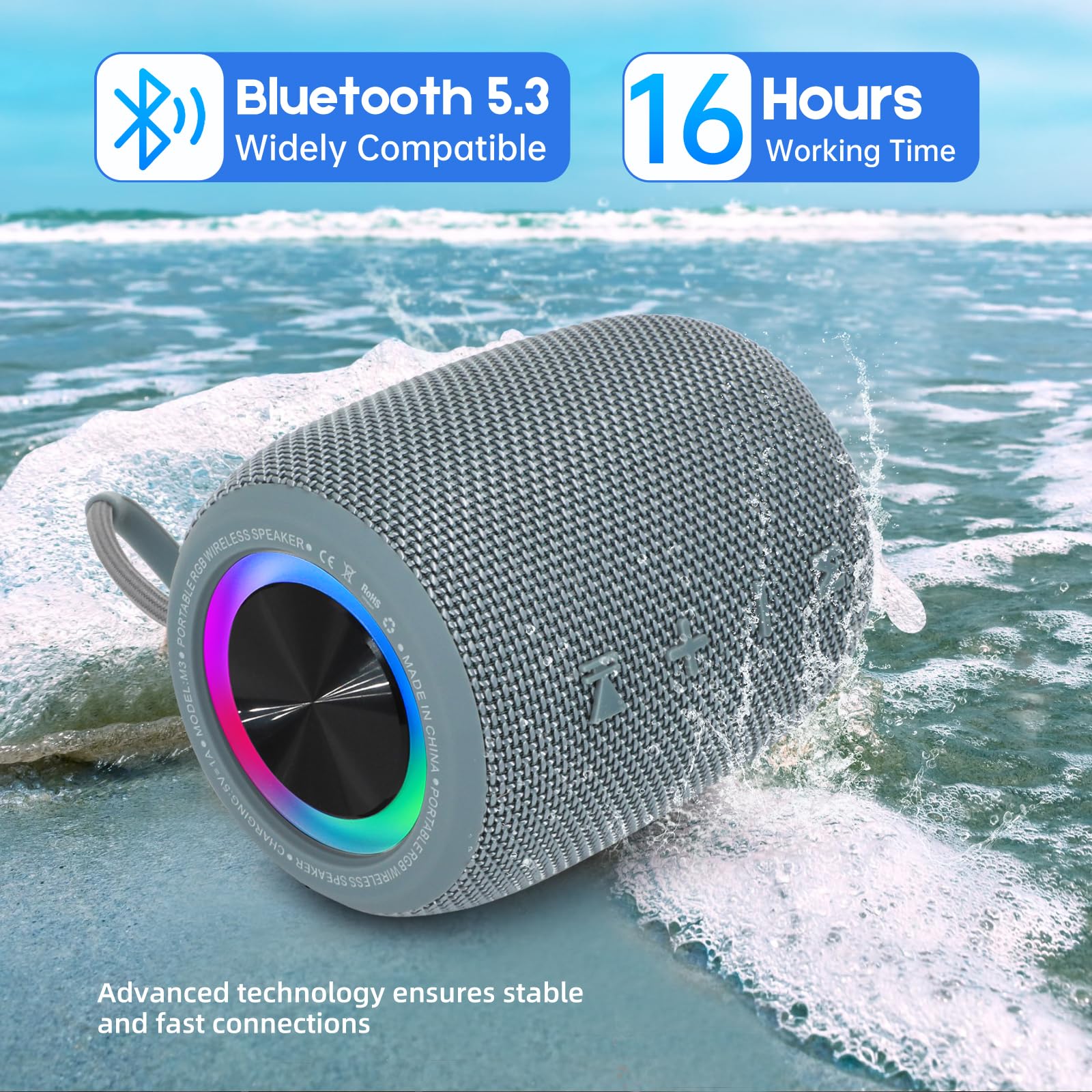 Portable Bluetooth Speaker, Bt5.3 Wireless Speaker 20W Bass Diaphragms With Multi Led Light Dynamic Modes, Ipx6 Waterproof 16H P