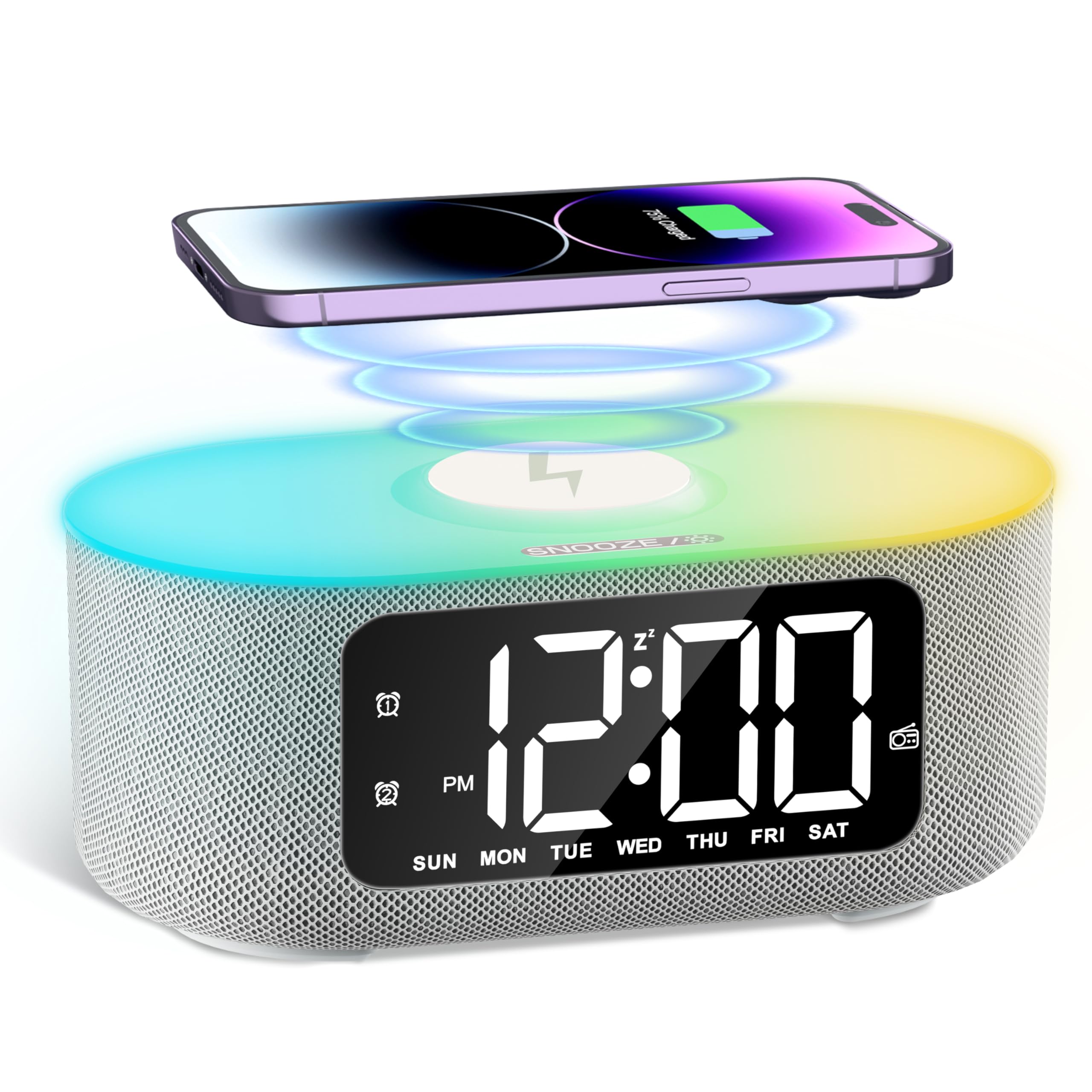 Jall Fabric Alarm Clock For Bedroom, With Big Led Screen Display, Bluetooth Stereo Sound Speaker, Fm Radio, Fast Wireless Chargi