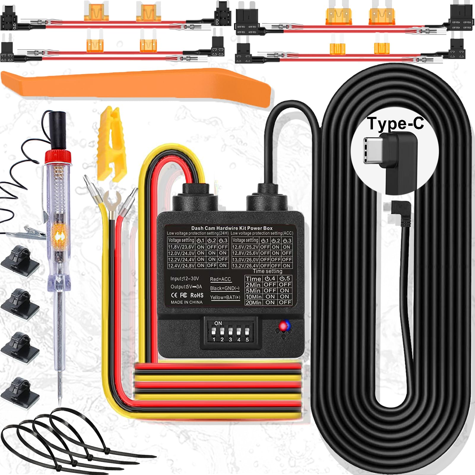 Dash Cam Hardwire Kit, Usb C 3 Wire Dashcam Hardwire Kit 24H Parking Mode Dash Camera Charger Power Cord 11.5Ft 12 24V To 5V/1 3