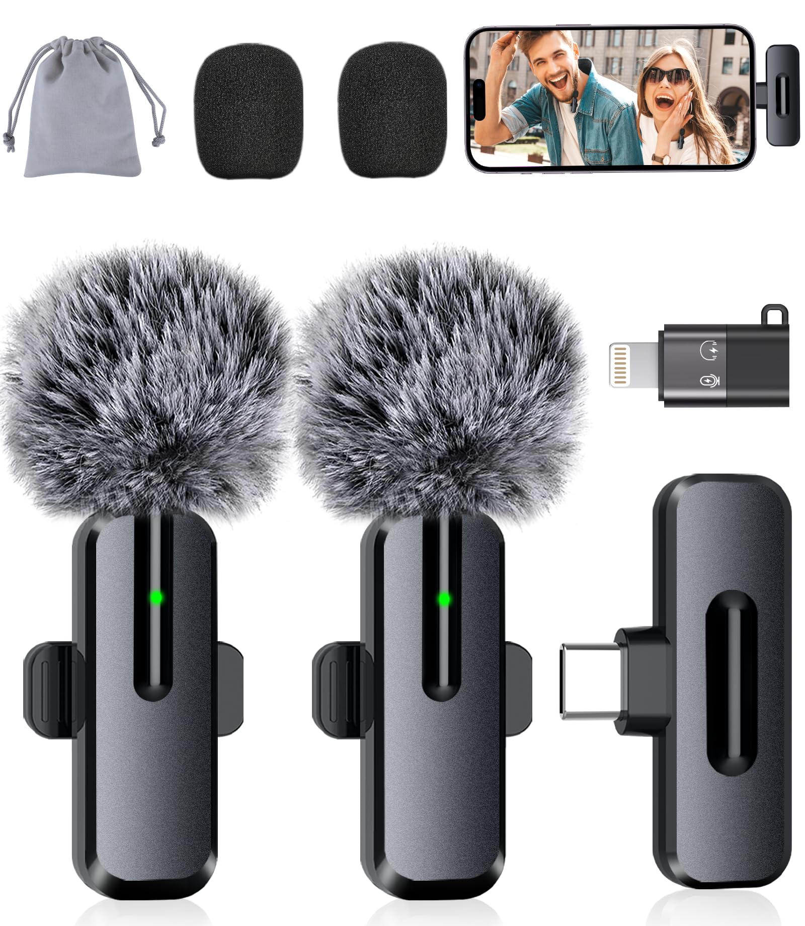 Wireless Mini Microphone for iPhone - 2 Pack Lavalier Microphone for Video Recording, 2 In 1 Noise Reduction Lapel Mic for Ipad,