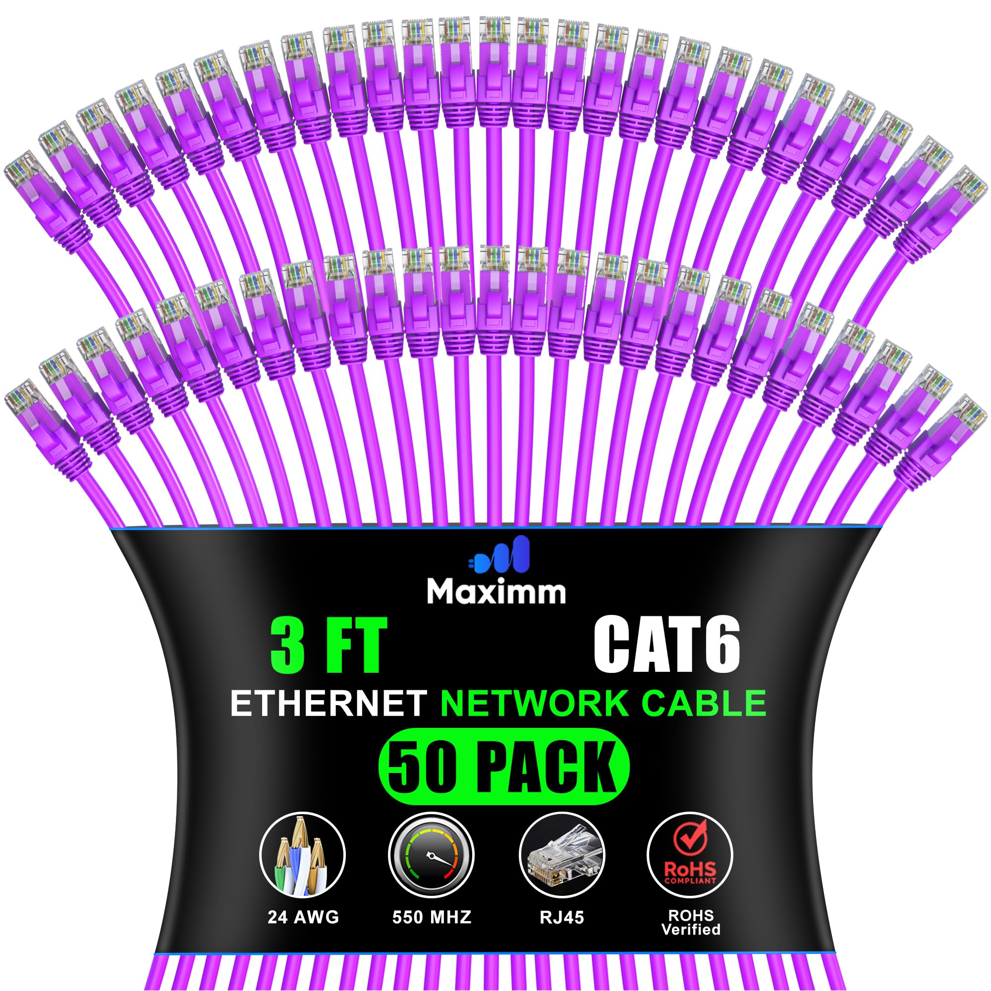 Maximm Cat 6 Ethernet Cable - 3 ft (50-Pack) - High-Speed LAN, Internet, Patch, Network Cable - UTP, 10Gbps, 550MHz Ethernet Cor