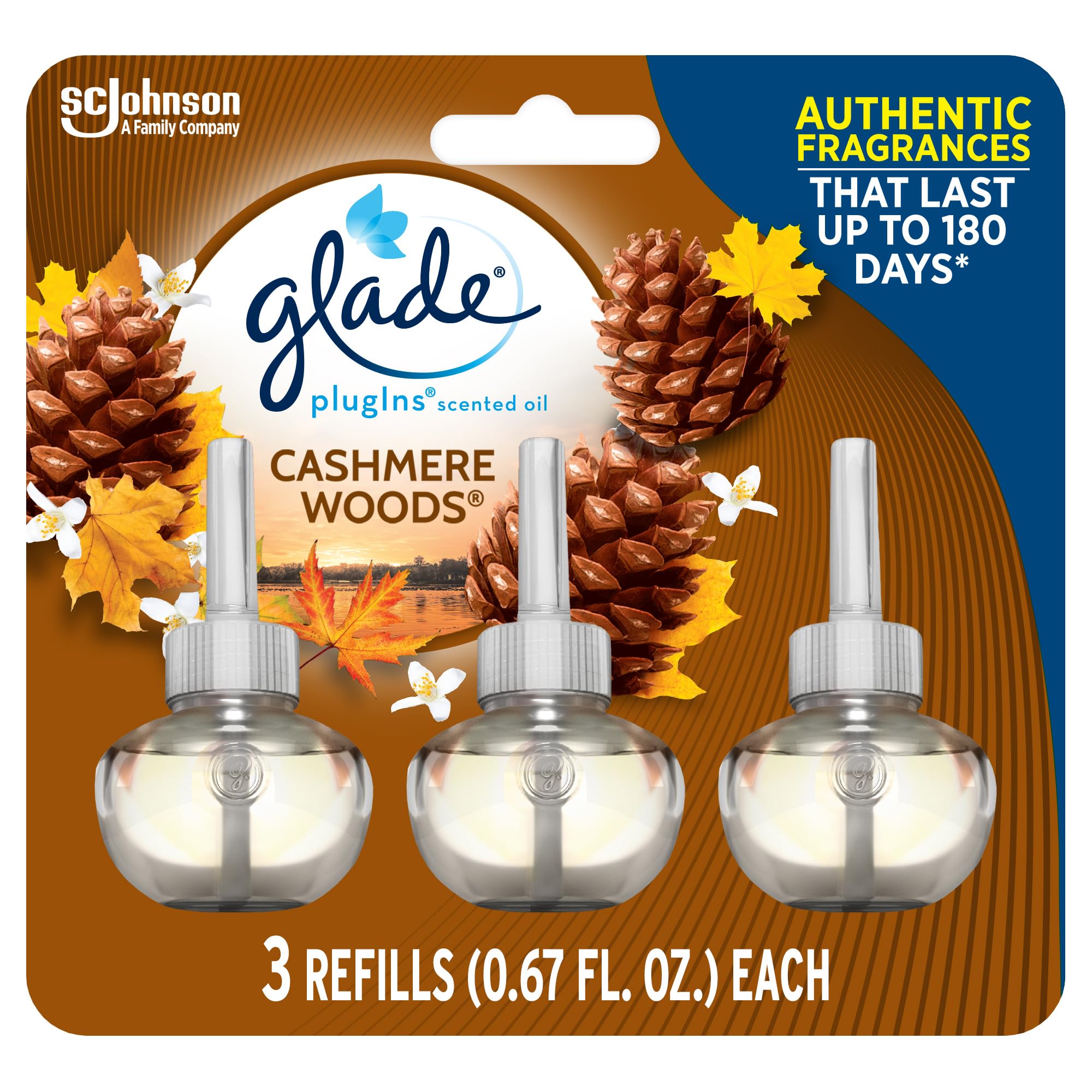 Glade Plugins Refills Air Freshener, Scented And Essential Oils For Home And Bathroom, Cashmere Woods, 2.01 Fl Oz, 3 Count