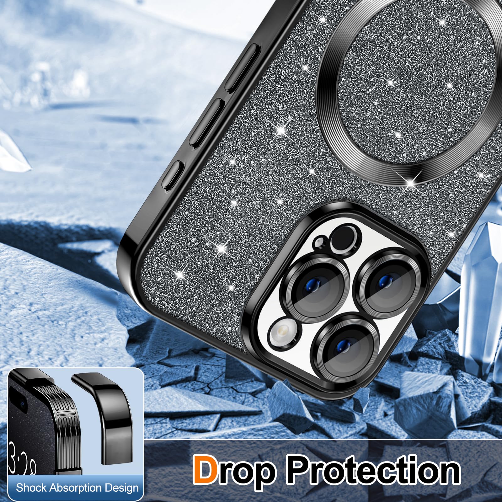 Hython For Iphone 15 Pro Case Glitter, Clear Magnetic Phone Cases With Camera Lens Protector [Compatible With Magsafe] Bling Spa