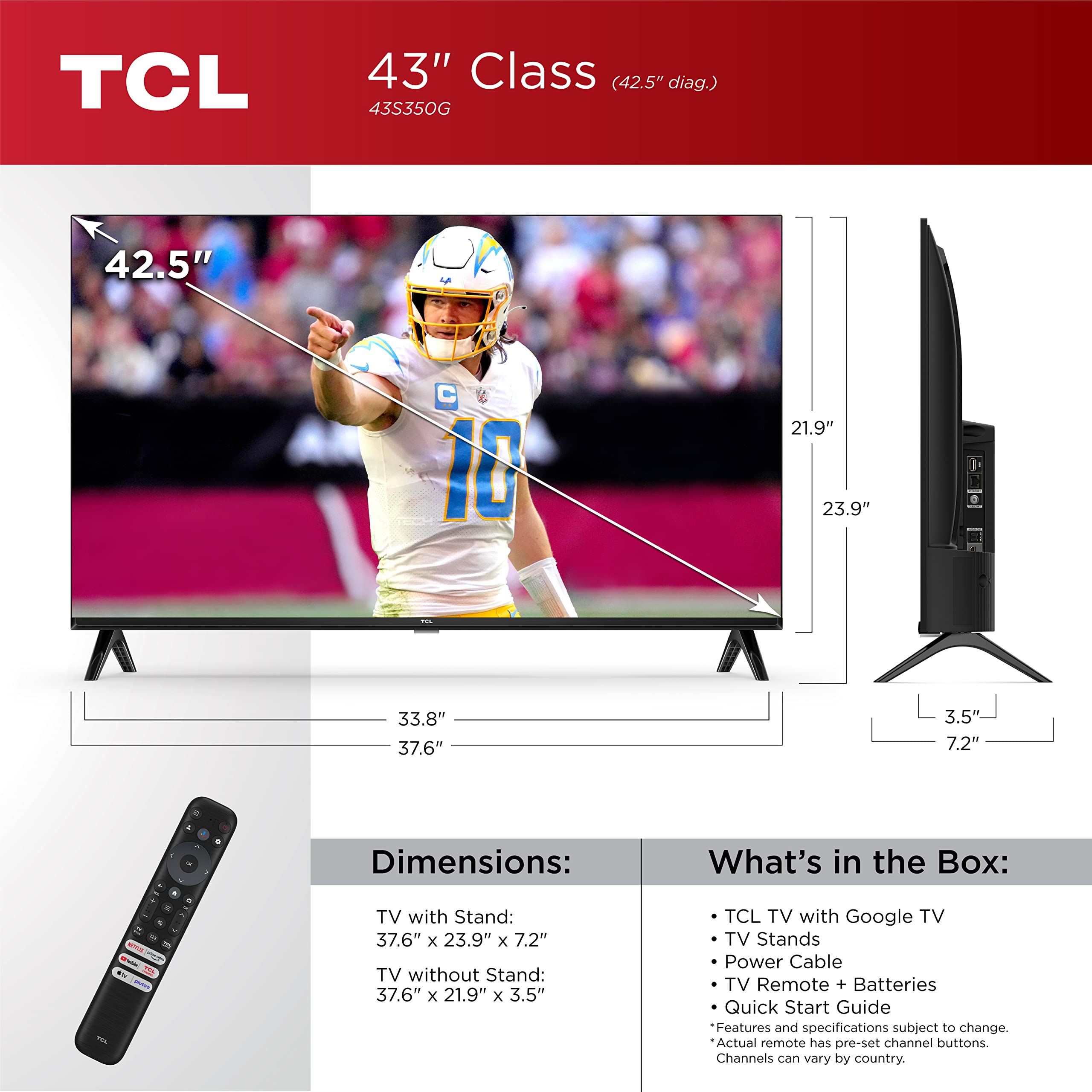 Tcl 43 Inch Class S3 1080P Led Smart Tv With Google Tv (43S350G, 2023 Model), Google Assistant Built In With Voice Remote, Compa