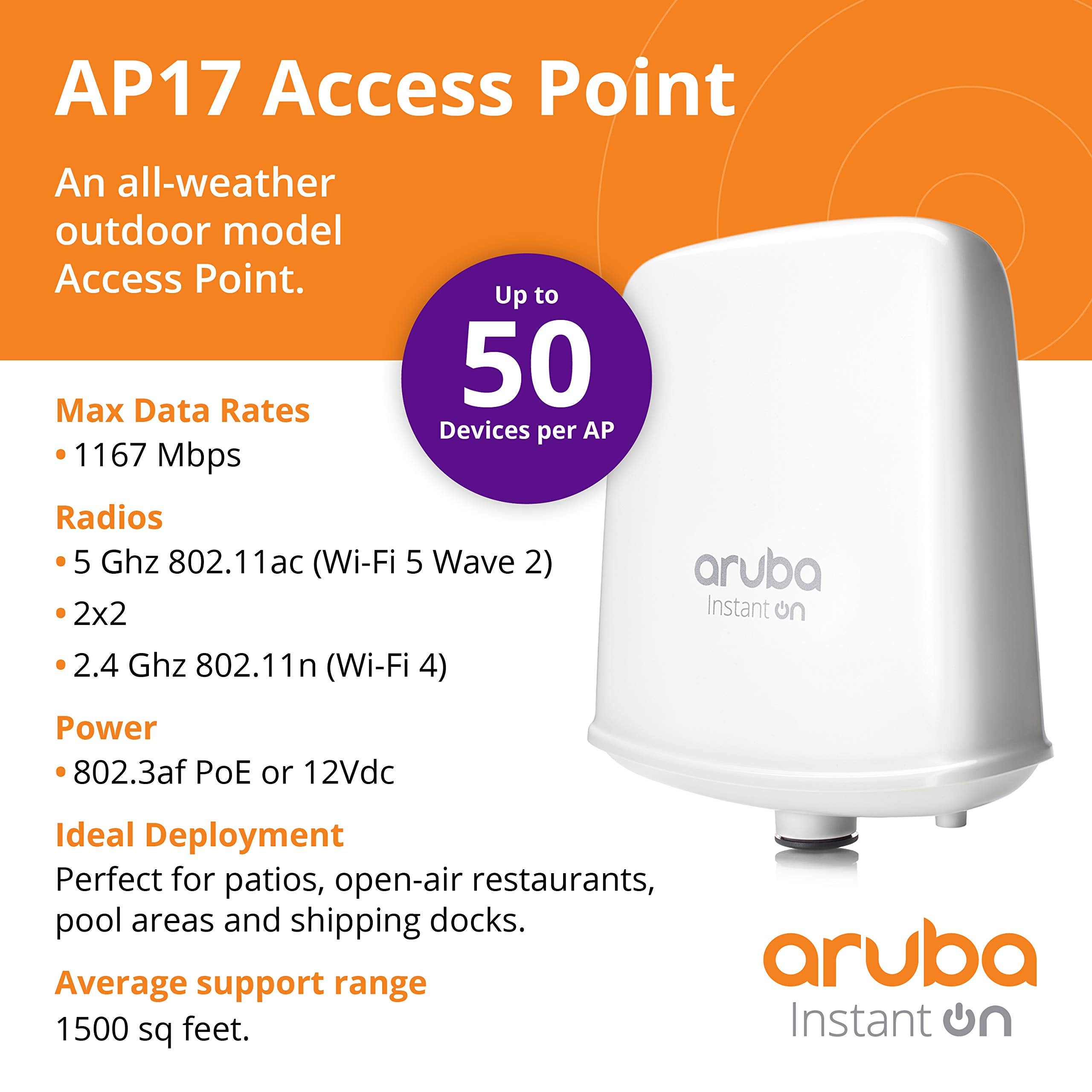Hpe Networking Instant On Access Point Ap17 2X2 Wifi 5 Outdoor Wireless Access Point | Power Source Not Included | Us Model (R2X10A)