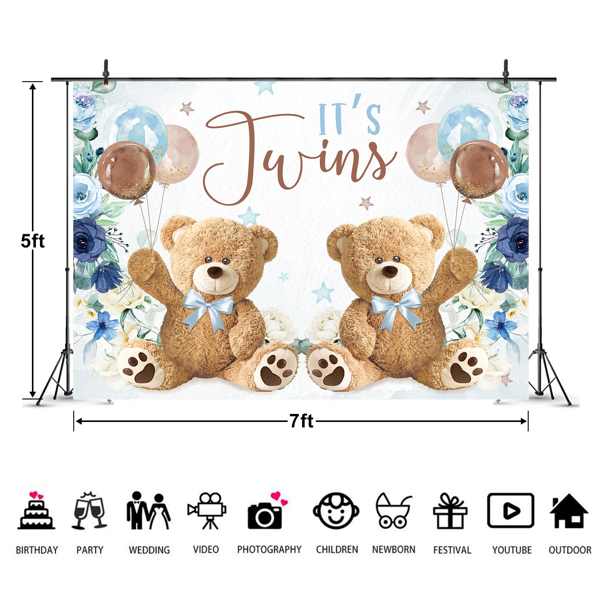 Imirell Twin Bear Boys Baby Shower Backdrop 7Wx5H Feet It'S Twins Boy Navy Blue Floral Brown Balloon Newborn Polyester Fabric Cu