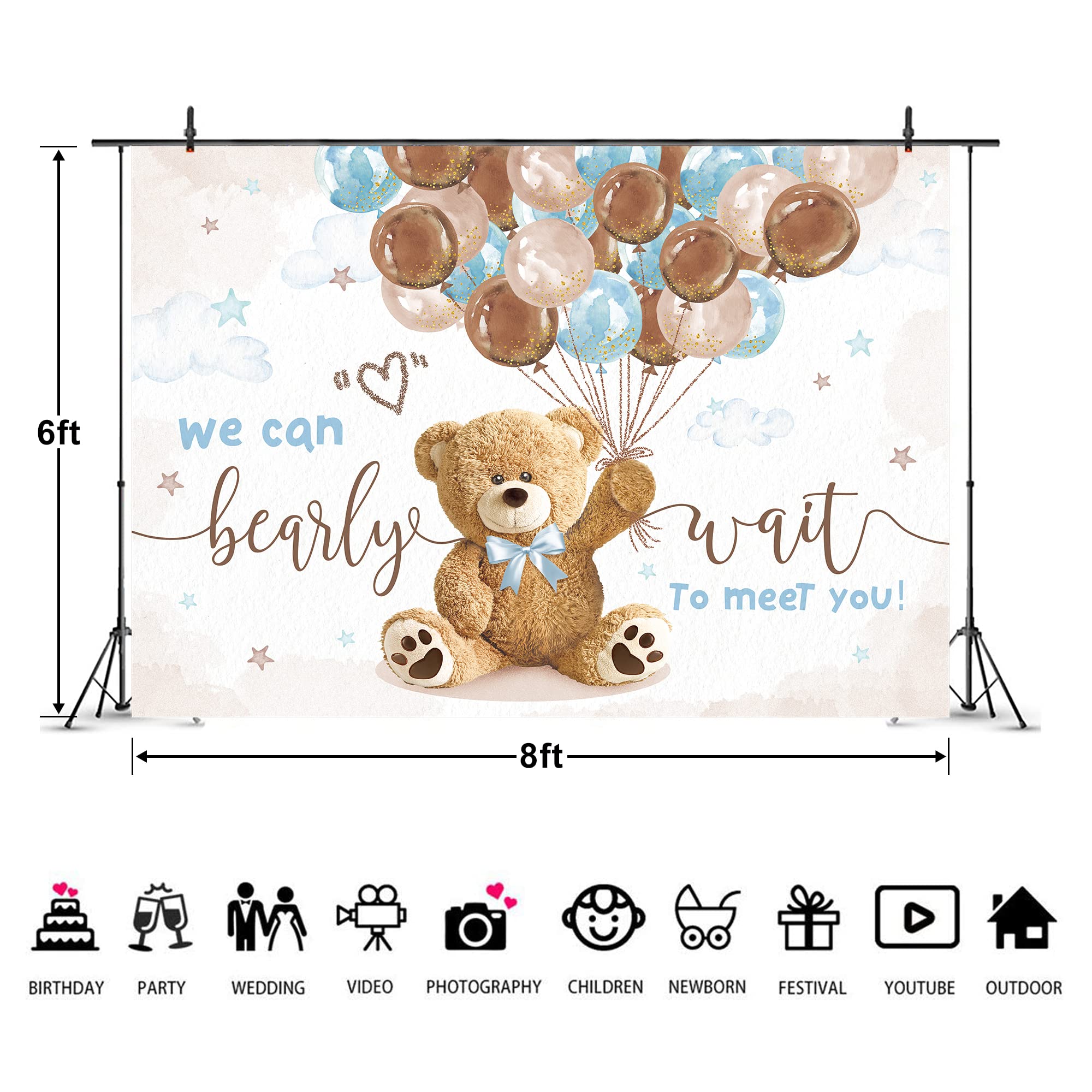 Imirell Bear Baby Shower Backdrop 8Wx6H Feet We Can Bearly Wait For Boys Balloons Gold Dots Cute Cartoon Polyester Fabric Newbor