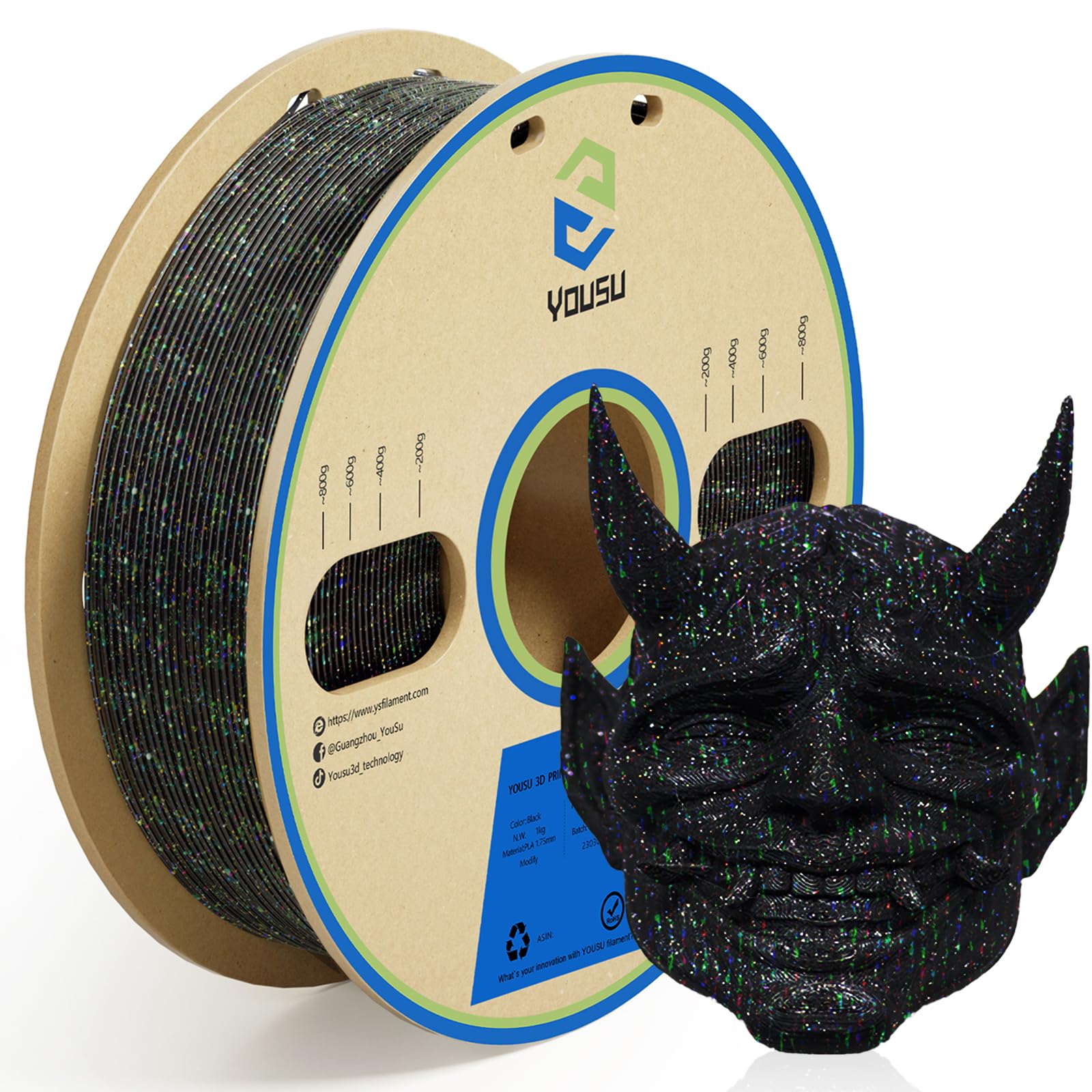YOUSU 3D Printer Filament PLA Filament 1.75mm Laser Paillette Series-Galaxy Black Filament 1kg(2.2lbs).