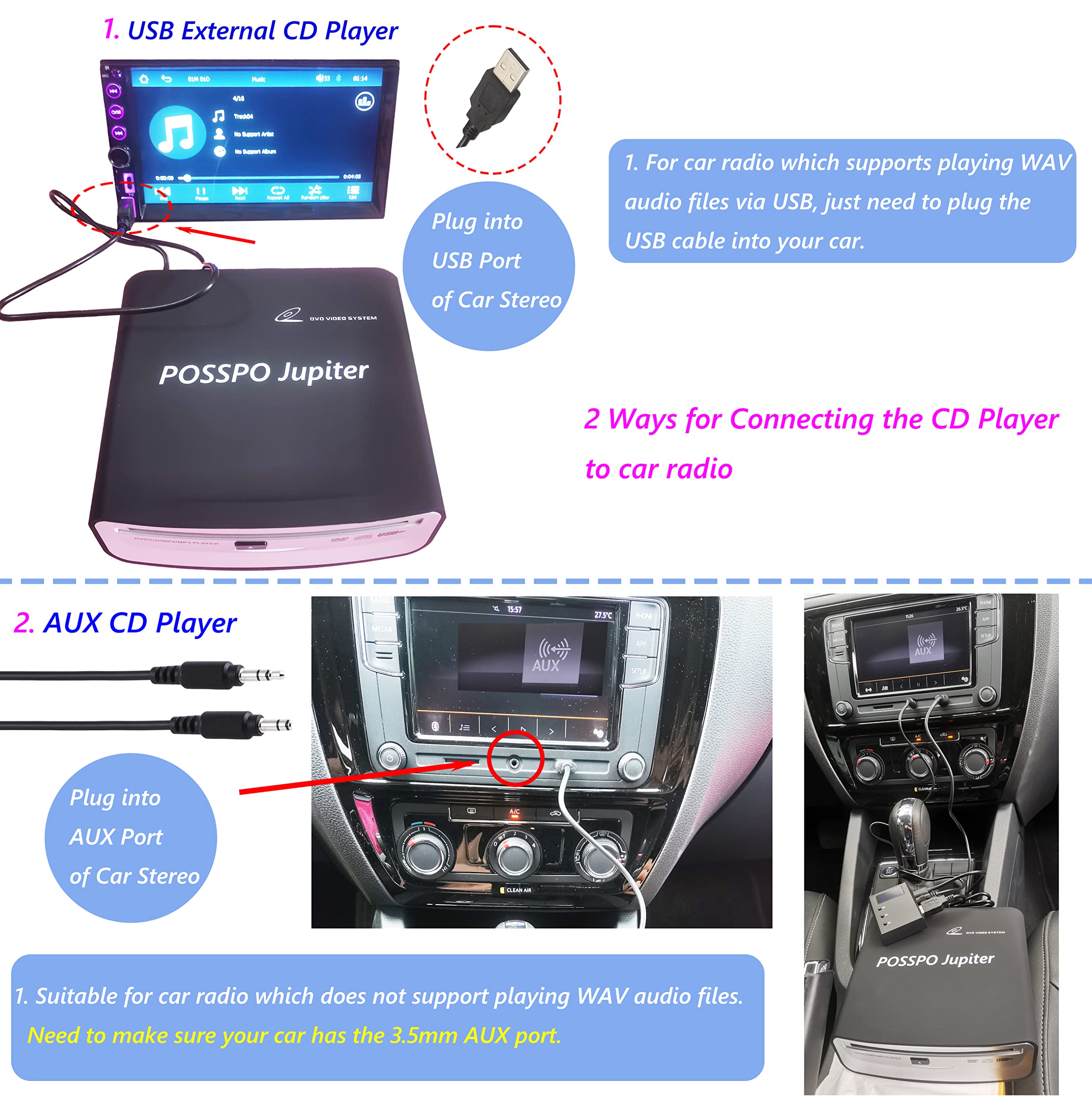 Posspo Jupiter Cd Dvd Player For Car With Usb Port Aux Port, Portable External Cd Player That Plugs Into Car Laptop Desktop Tv M