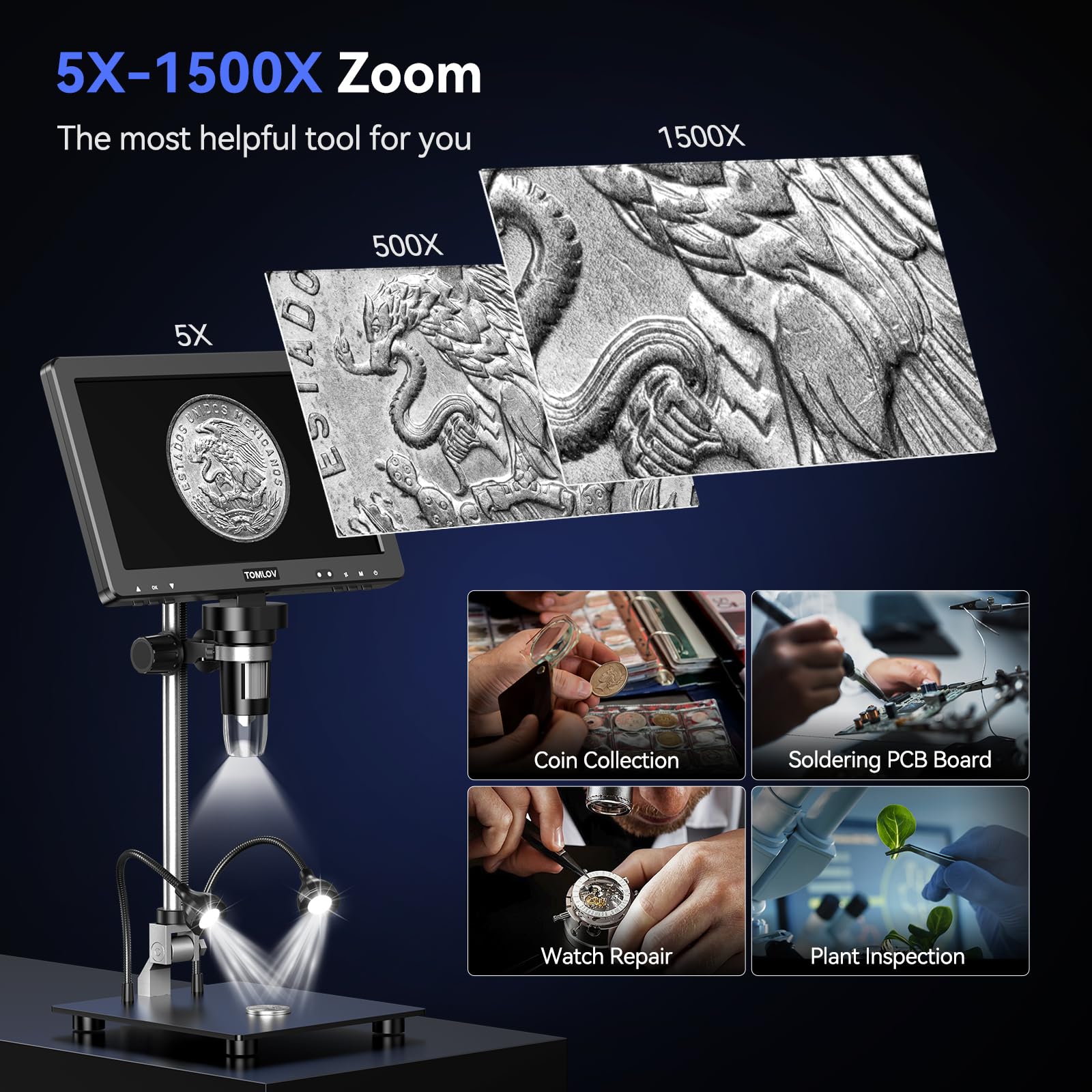 Tomlov Dm9 Max 10.1'' Hd Ips Hdmi Digital Microscope 1500X, 20Mp Coin Microscope Magnifier For Error Coins With Screen, Lcd Sold