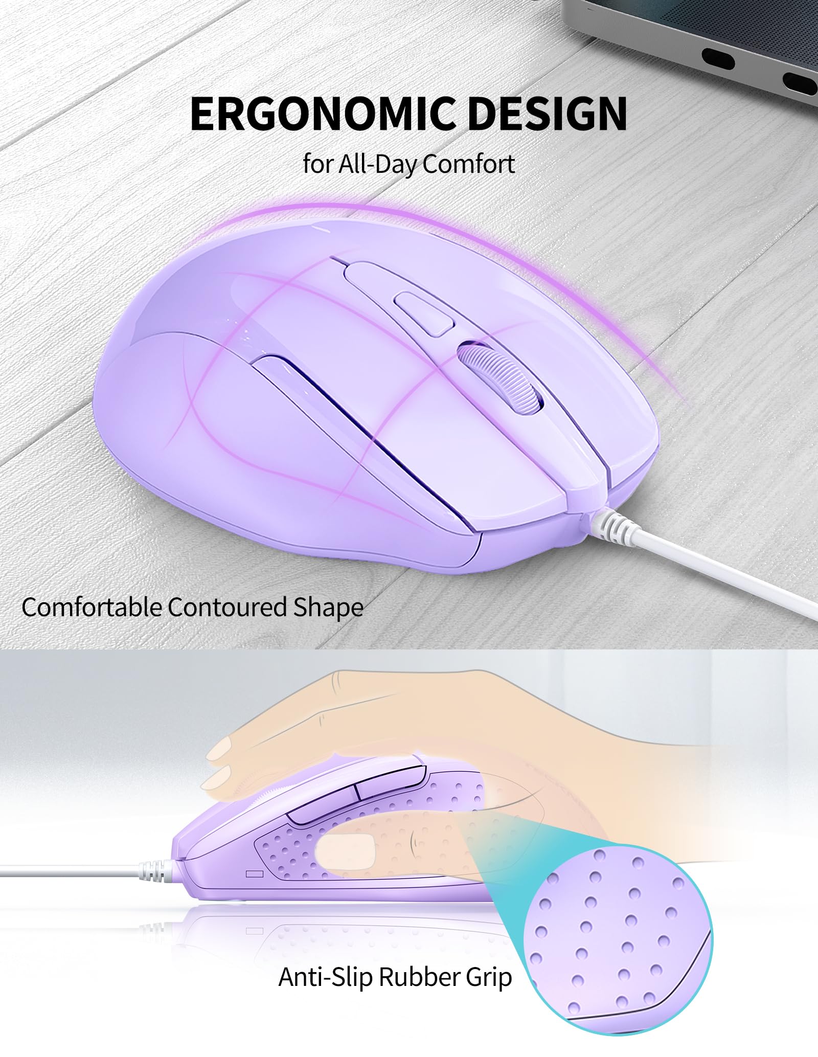 Tecknet Usb Wired Mouse, 6 Button Corded Mouse With 4 Adjustable Dpi, Optical Computer Mouse With Ergonomic Design And 5Ft Cord For Laptop, Chromebook, Pc, Desktop, Mac, Notebook  Lt.Purple