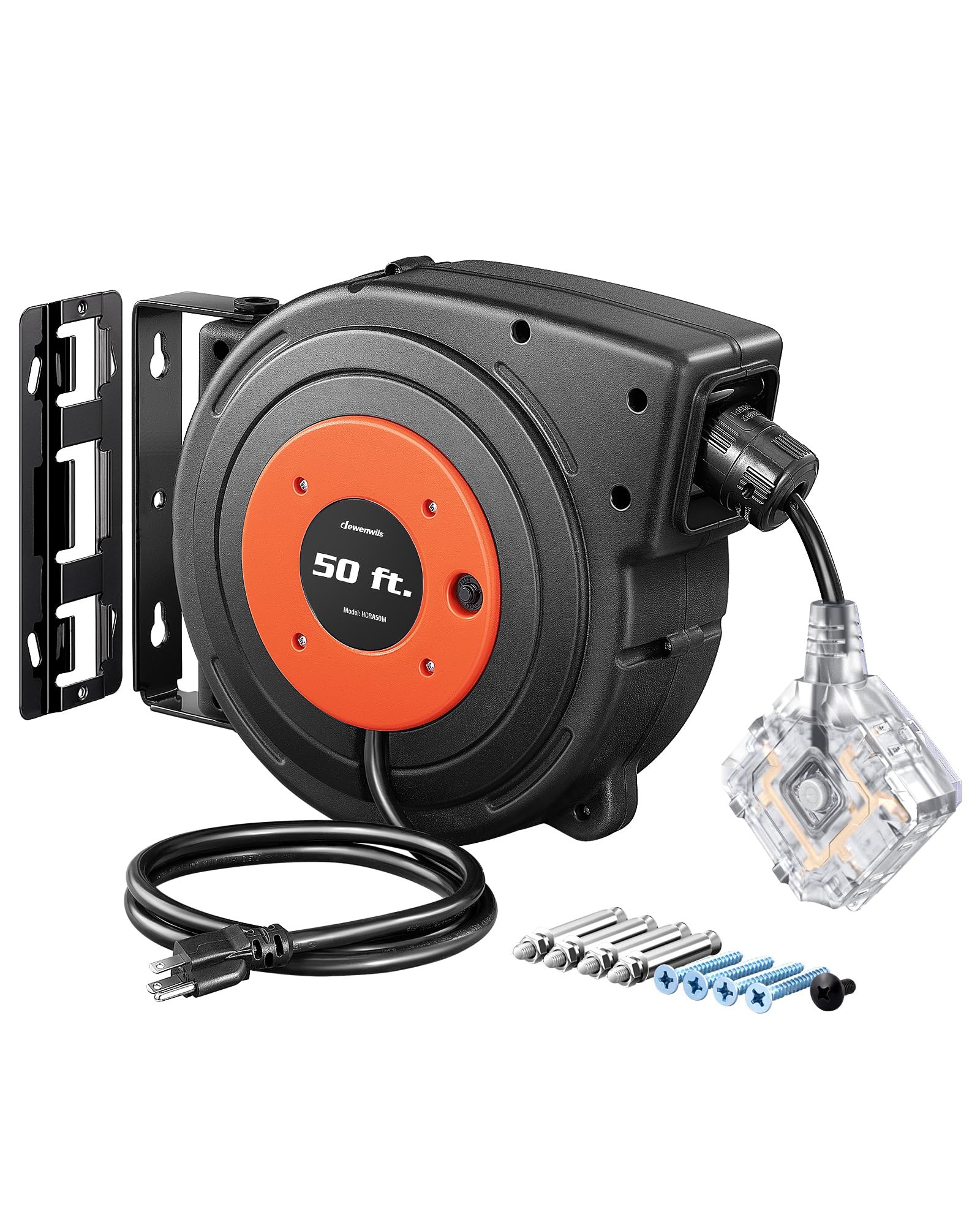 Dewenwils 50 Ft Retractable Extension Cord Reel, 14/3C Sjtow Heavy Duty Power Cord With New Twist Lock Stopper, 6 Grounded Outle