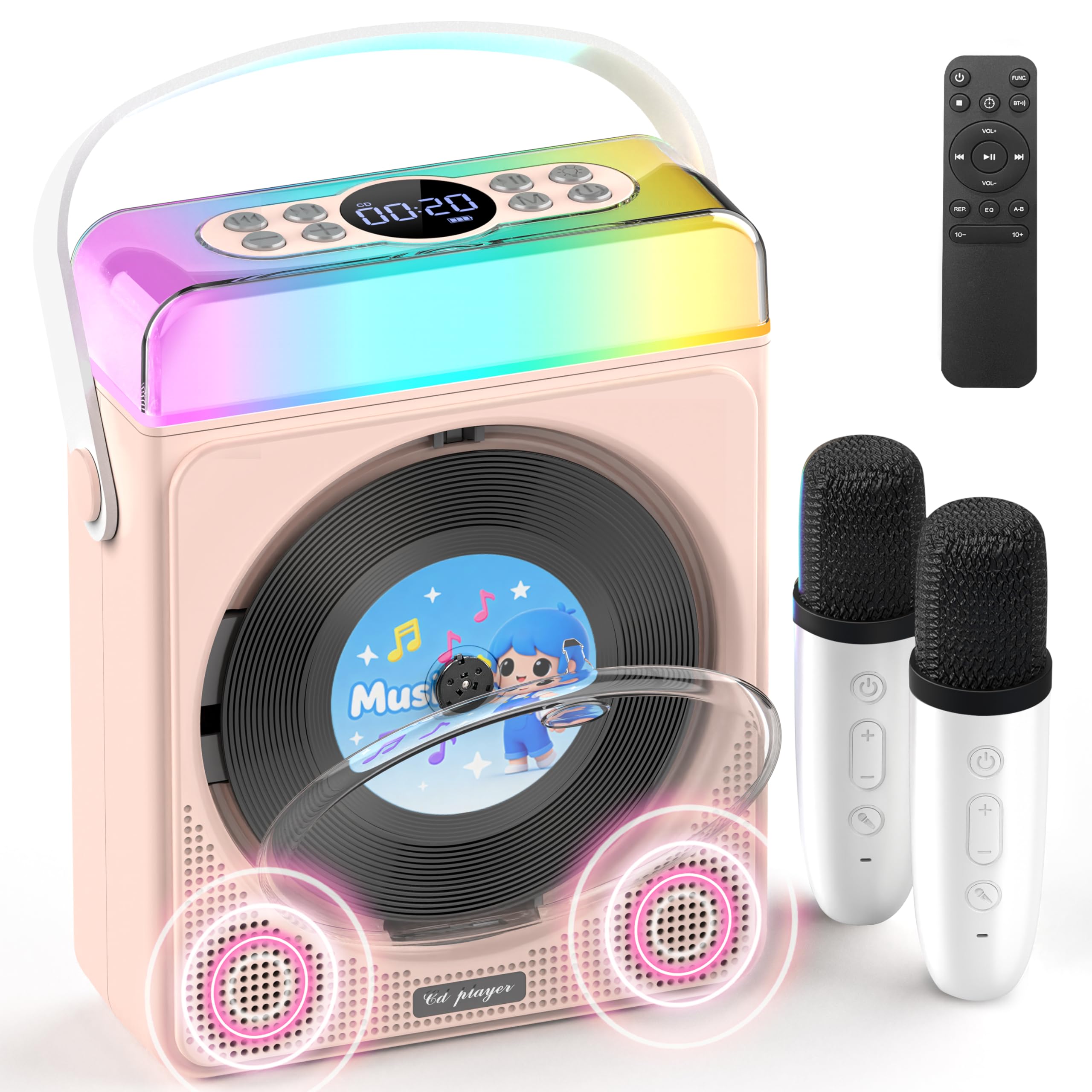 Portable Bluetooth CD Player with Dual Karaoke Microphones & LED Lights, 4000mAh Rechargeable CD Player with Speakers, USB/TF/AU