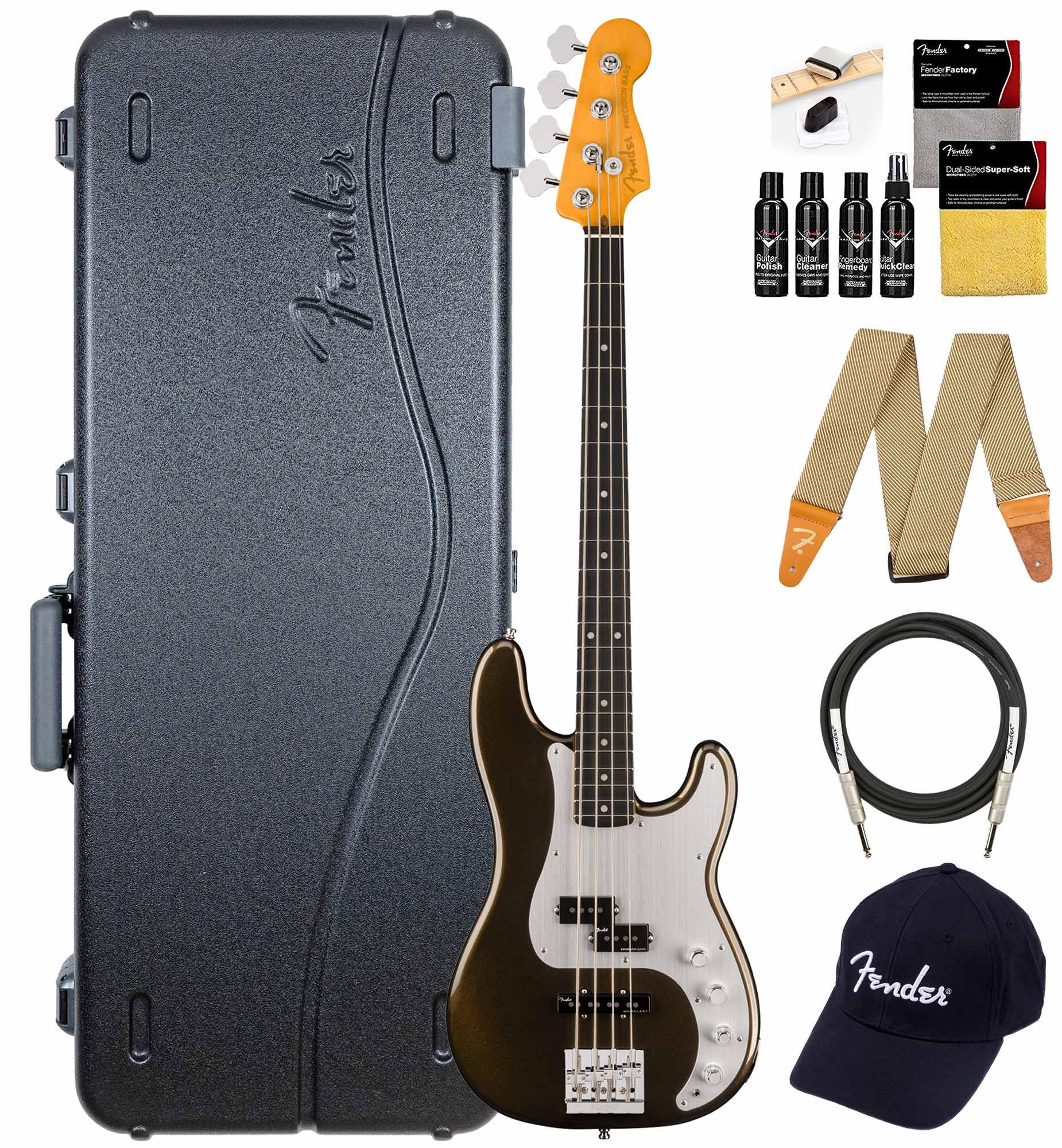 Fender American Ultra II Precision Bass - Texas Tea Bundle with Case, Strap, Cable, Hat, and Guitar Cleaning Kit