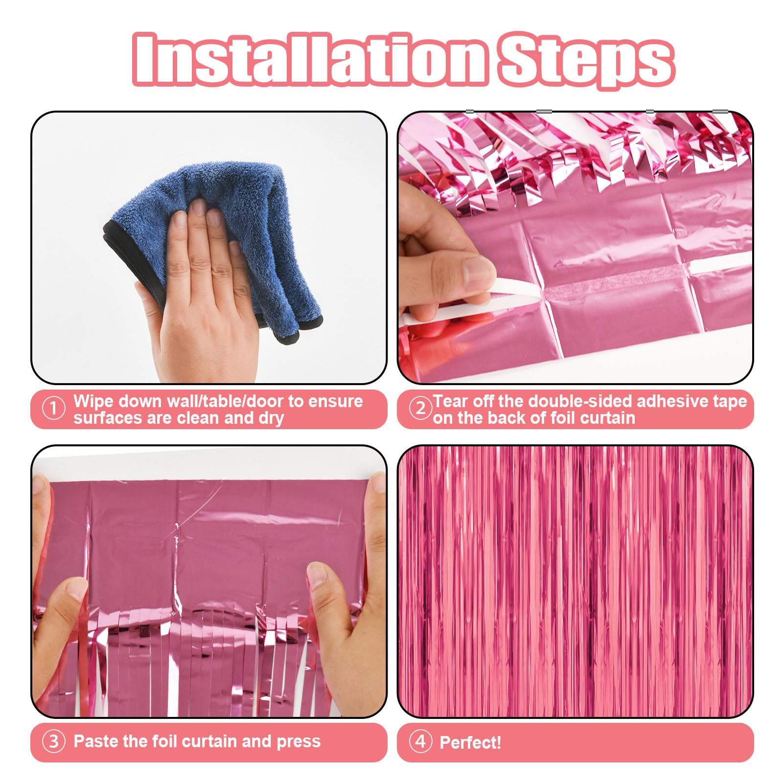 5 Pack Pink Metallic Tinsel Foil Fringe Curtains Party Photo Backdrop Party Streamers For Birthday,Graduation,New Year Eve Decor