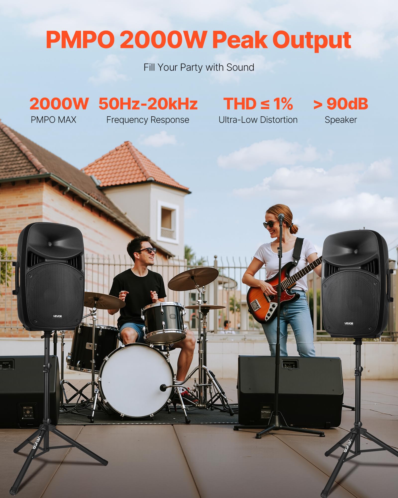 Vevor Portable Pa System, 2000W (Pmpo) Powered, Sound System Set With 3 Channel Mixer, Dual Speakers, Wireless Bluetooth, Microp