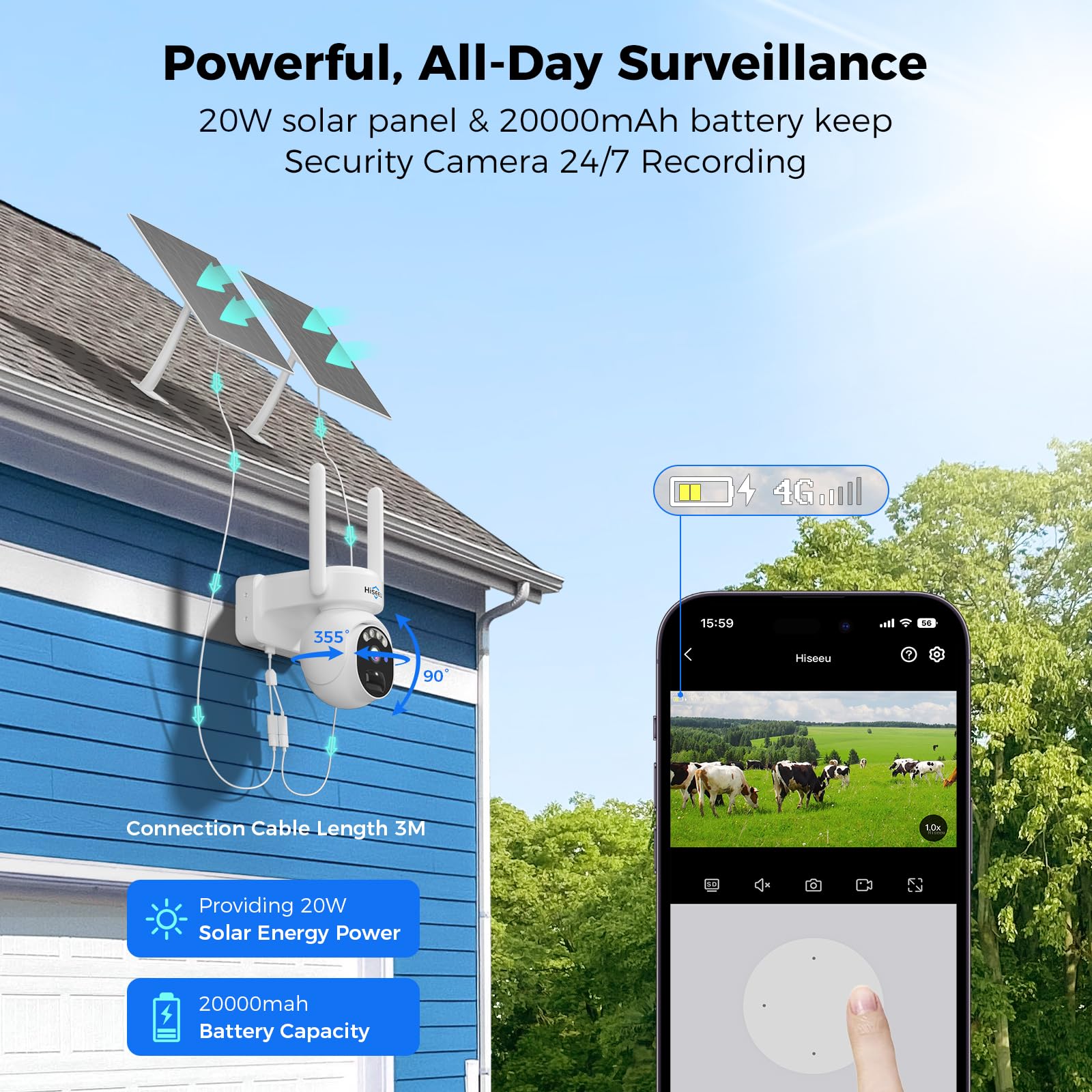 Hiseeu No Wifi Security Camera, [24/7 Recording] 4G Cellular Security Cameras Wireless Outdoor, 20W Solar Cameras 360Ptz, 2K Nig