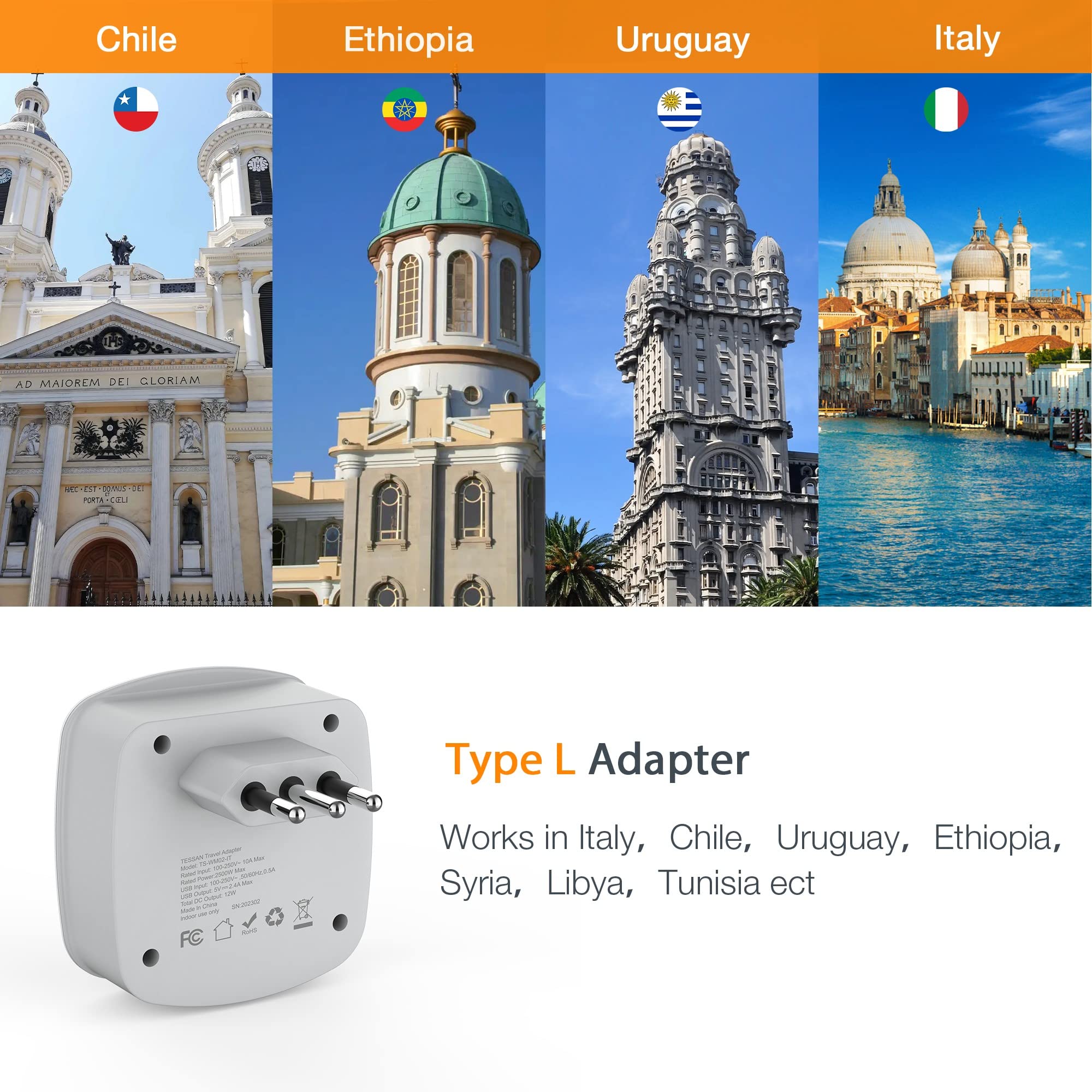 Tessan Italy Travel Plug Adapter, Type L Power Converter With 2 Usb Charger Ports 2 American Outlets, Italian Adaptor For Us To