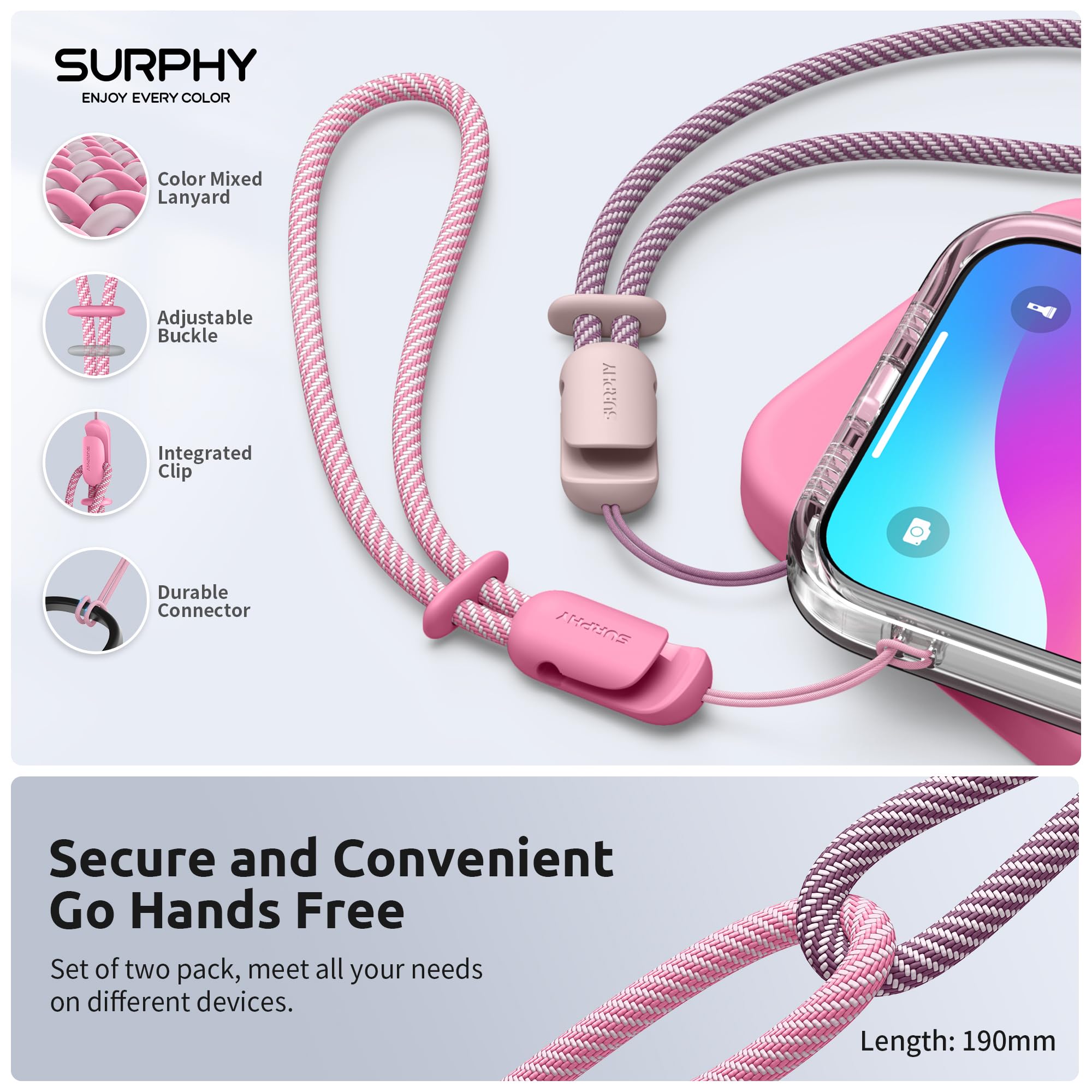 SURPHY Phone Lanyard 2 Pack, Nylon Anti-Theft Wrist Strap, Small, Pink & Rose Pink