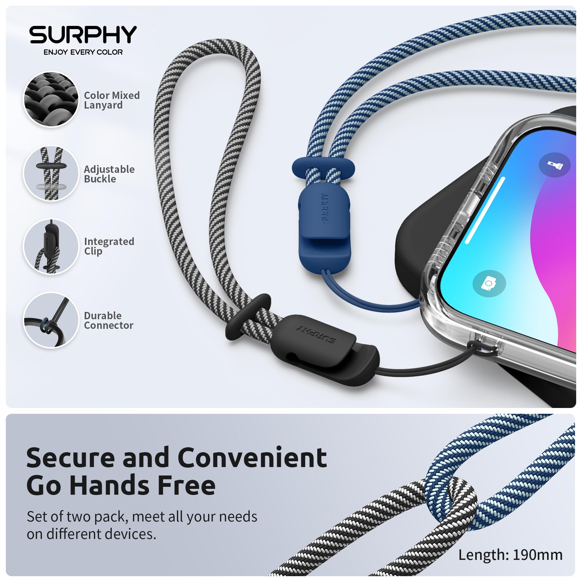 Surphy 2 Pack Lanyard, Phone Strap, Adjustable Phone Lanyard With Two Color Braided, Wrist Strap For Airpods, Camera (Black & Bl