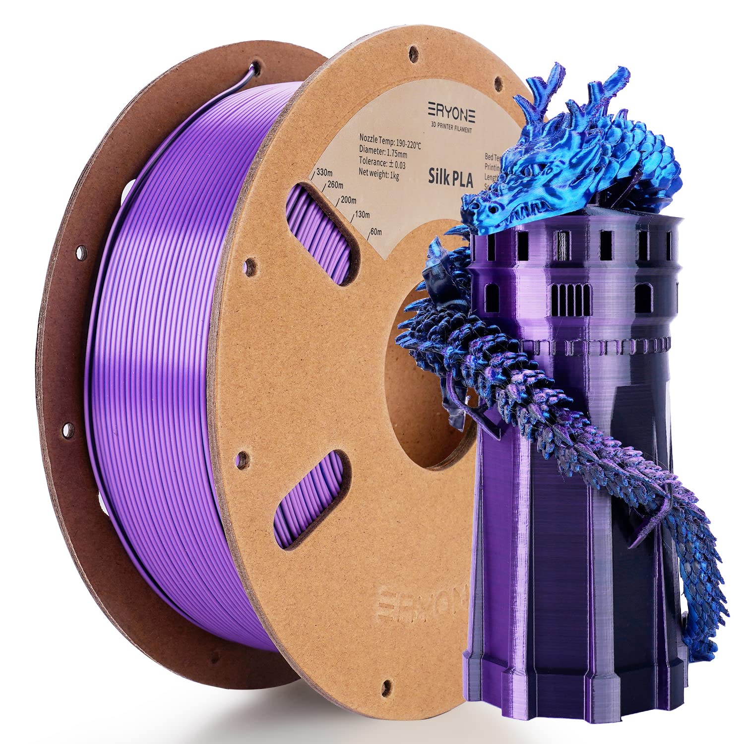 Eryone Silk Tri Color Coextrusion Pla Filament,3D Printer 1.75Mm,+/ 0.03Mm, Triple Color Filament 1Kg(2.2Lbs), Silk Blue Purple