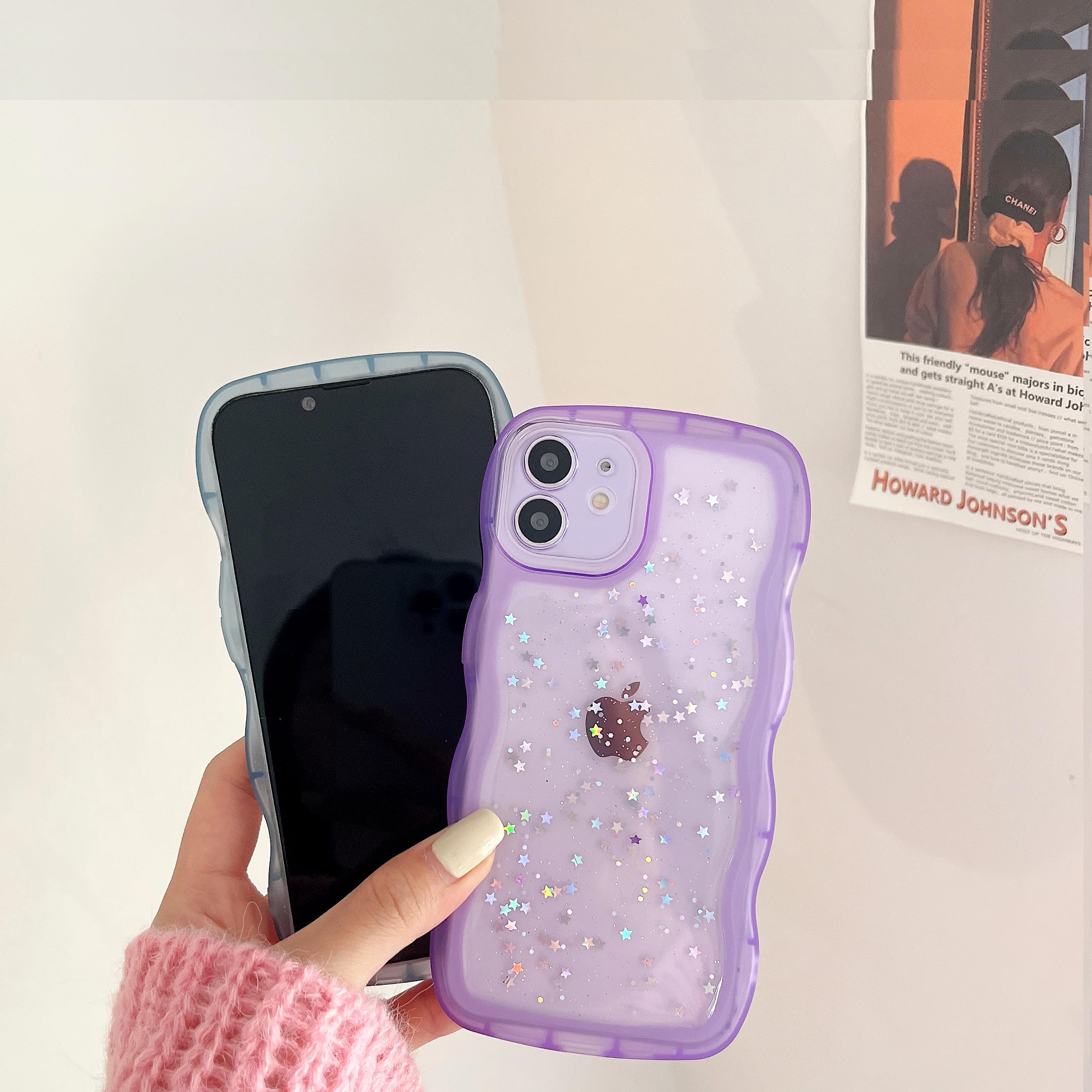 Qokey For Iphone 12 Mini Case 5.4'' Curly Wave Edge Design Transparent Bling Glitter Star Shiny Case Cute Clear Transparent Full
