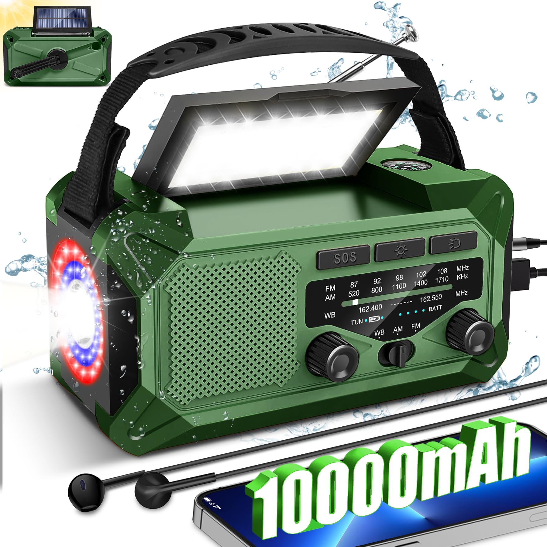 10000Mah Emergency Weather Radio With Solar Charging, Hand Crank Radio Solar Radio Portable Radio Am/Fm/Noaa Radio Led Flashligh