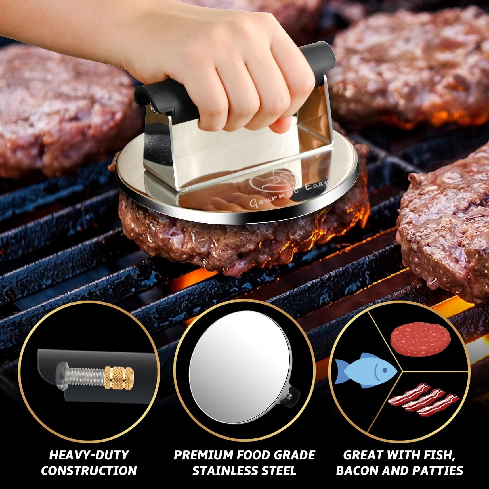 2Lb Smash Burger Press Stainless Steel, Burger Smasher For Griddle Heat Resistant Handle, Hamburger Press, Dishwasher Safe Grill