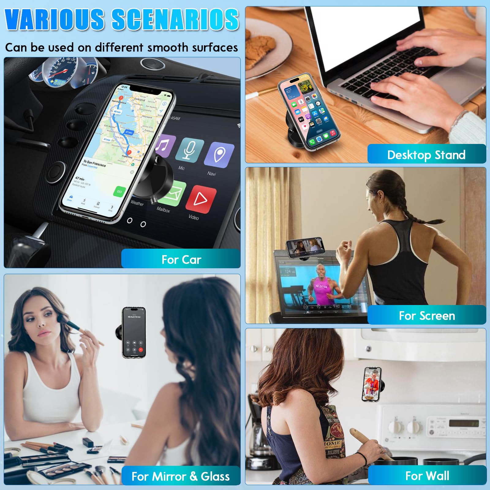 Magnetic Suction Cup Phone Holder,Doubled Sided Universal Cellphone Holder Stand For Car/Home/Smooth Surface/Mirror/Glass Black