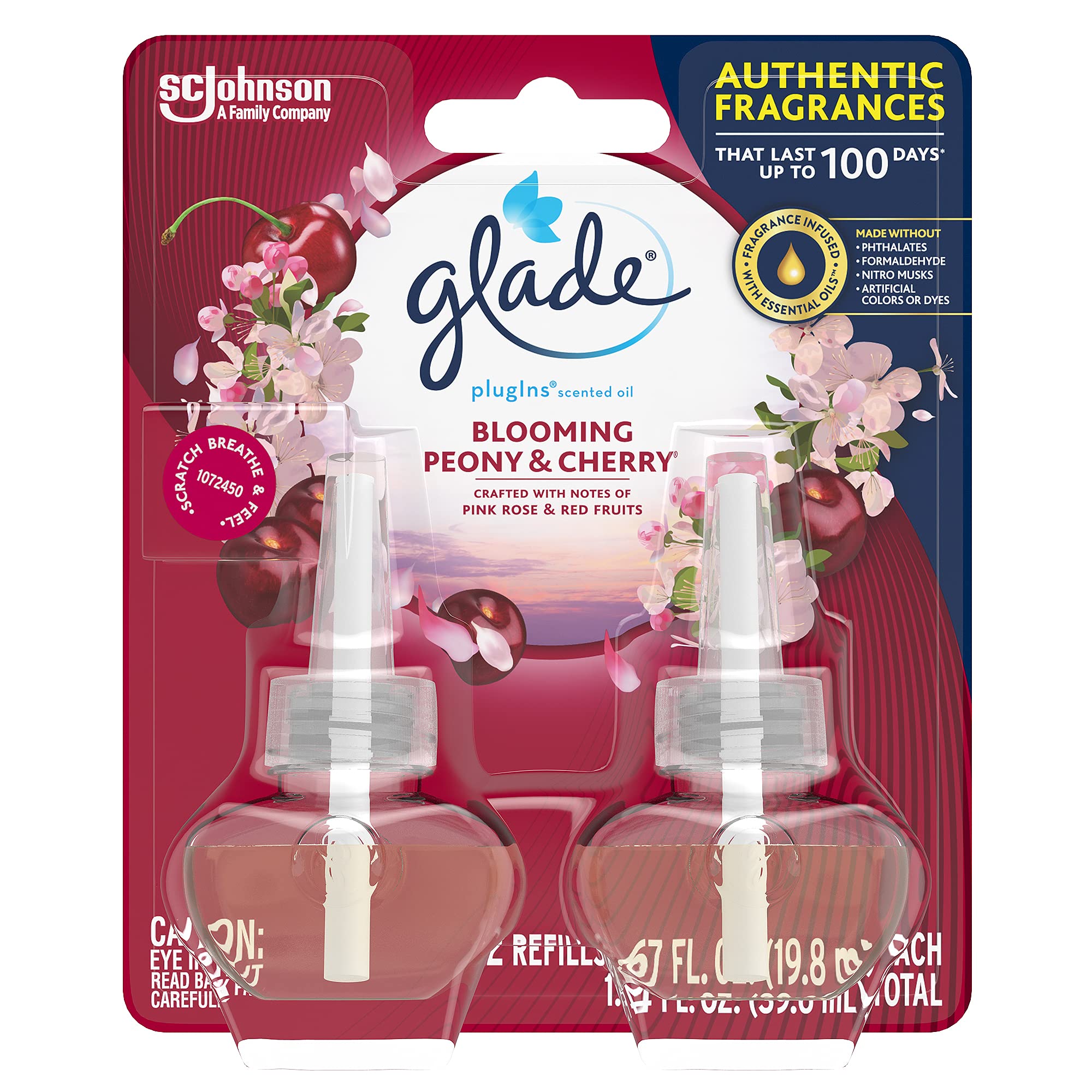 Glade PlugIns Refills Air Freshener, Scented and Essential Oils for Home and Bathroom, Blooming Peony & Cherry, 1.34 Fl Oz, 2 Co