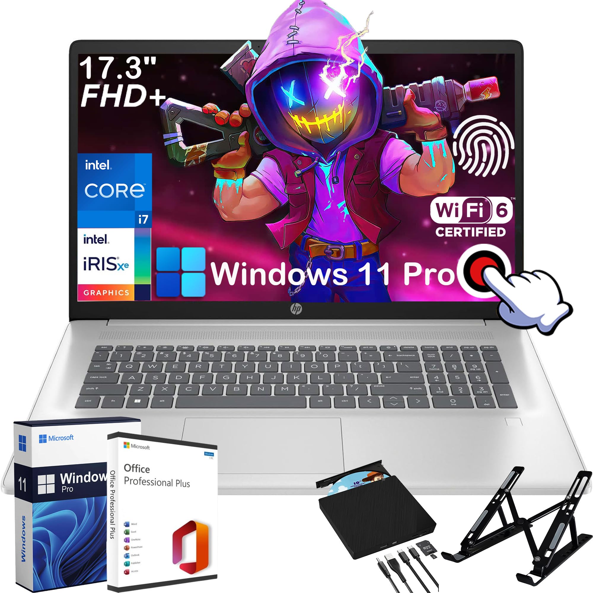 HP 17 Touchscreen High-Performance Laptop - with External CD/DVD Drive & Office Lifetime, 17.3 HD+ 250 nits Display, Intel 10-Co