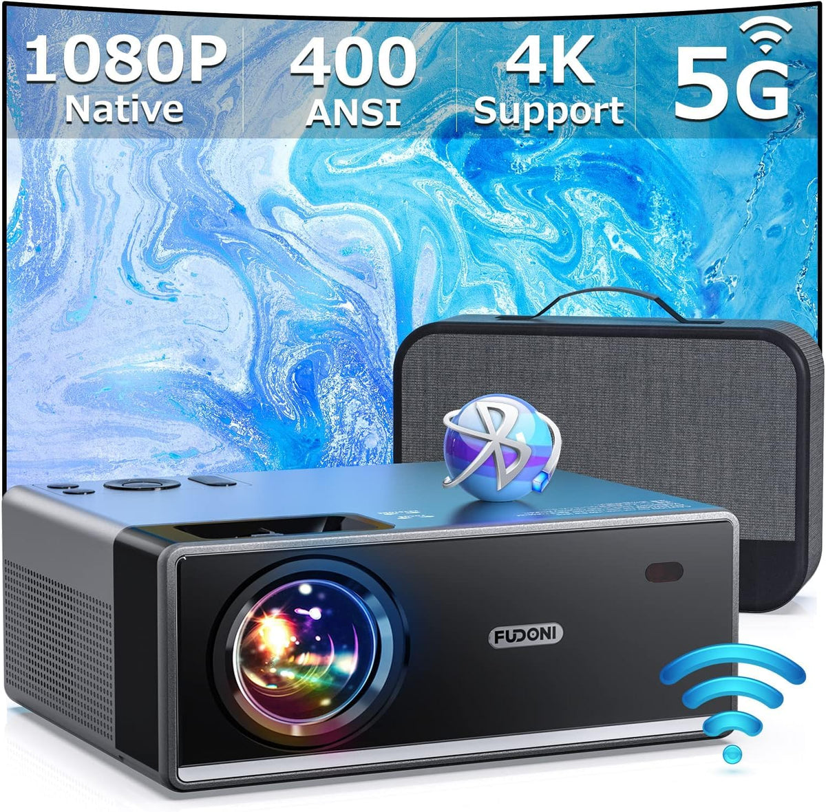 Fudoni Projector With 5G Wifi And Bluetooth, 1080P 15000L Outdoor Projector With Hdmi And Usb, Max 300'' Display Zoom Function F