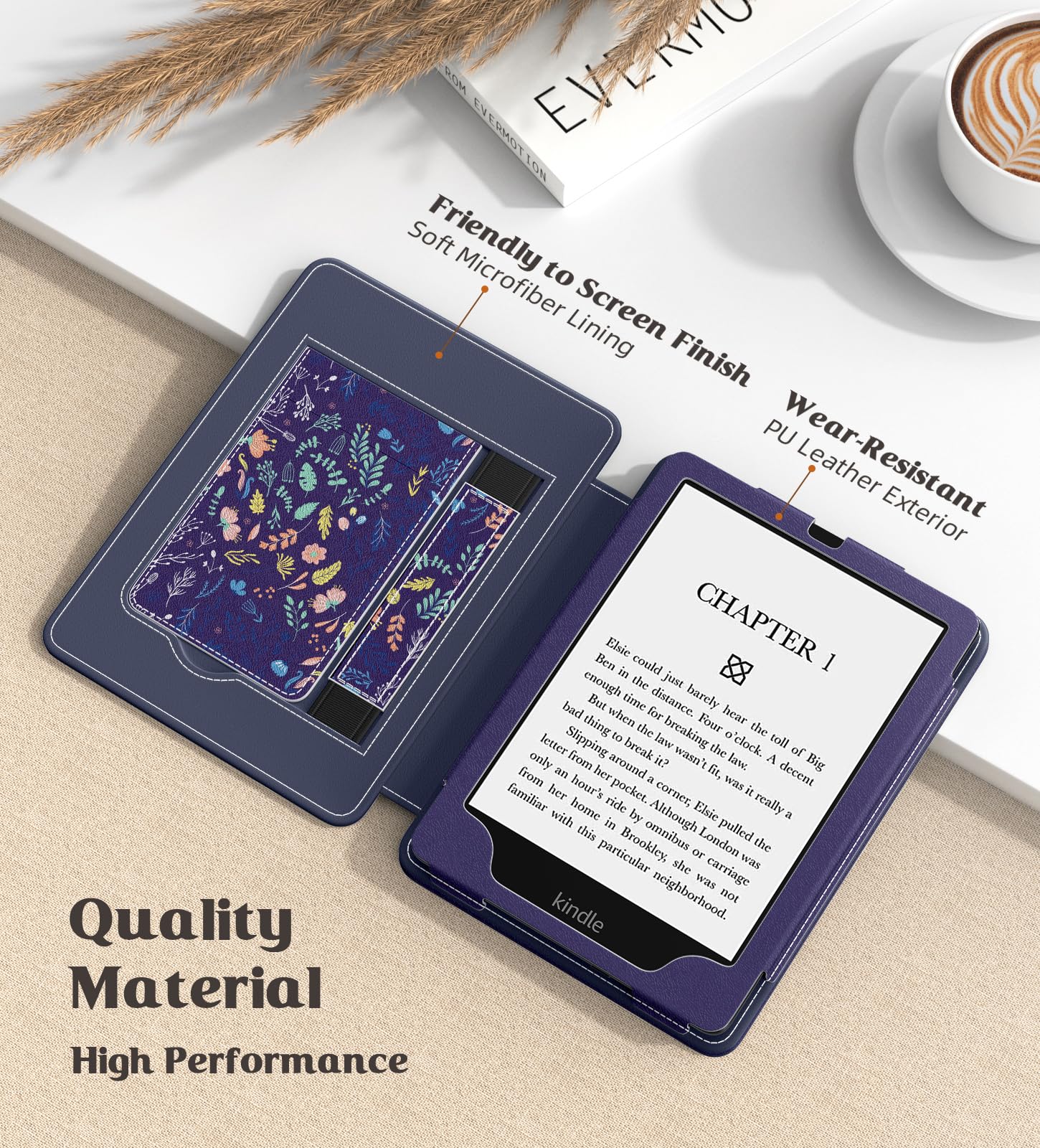 MoKo Case for 7'/6.8' Kindle Paperwhite(12th/11th Generation 2024/2021) and Kindle Colorsoft Signature Edition, Slim PU Shell Cover Case with Auto Wake/Sleep for Kindle Paperwhite 2024,Flowers on Blue