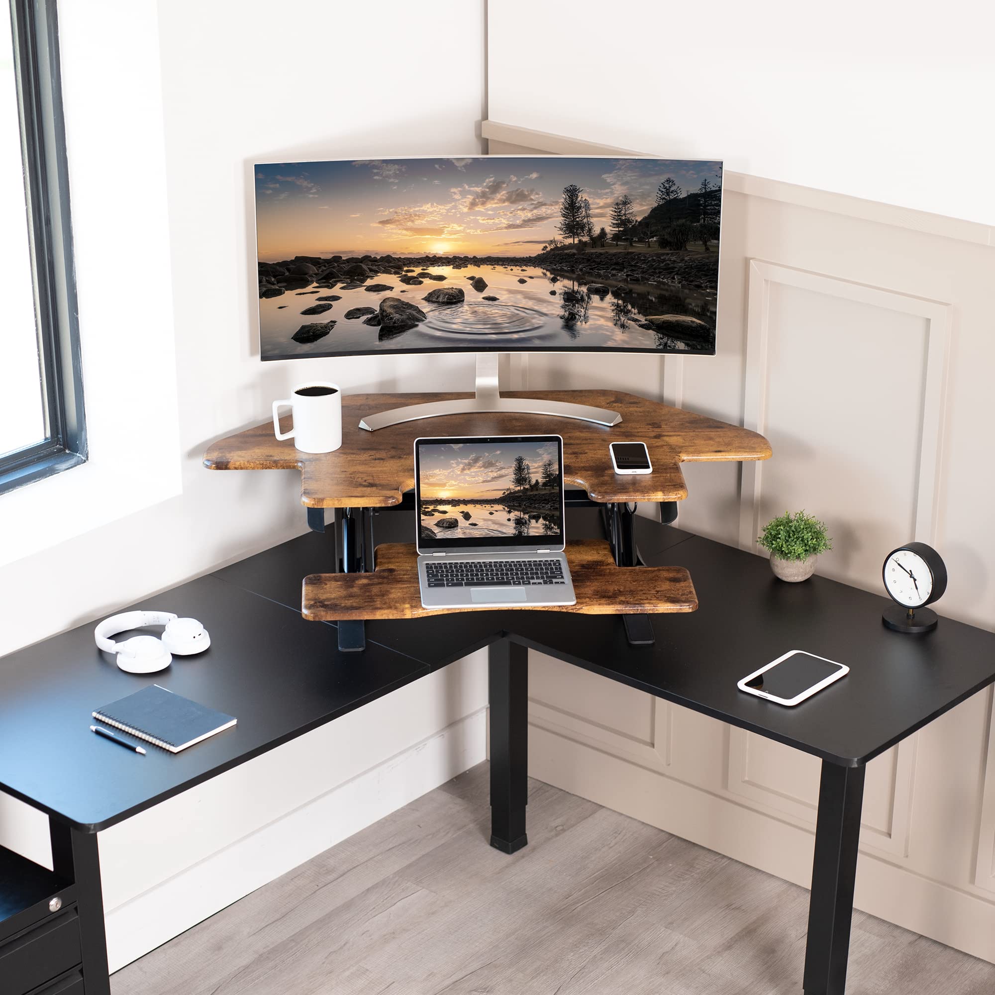 VIVO 43 inch Corner Height Adjustable Cubicle Stand Up Desk Converter, V Series, Quick Sit to Stand Tabletop Dual Monitor Riser Workstation, Rustic Vintage Brown, DESK V000VCN