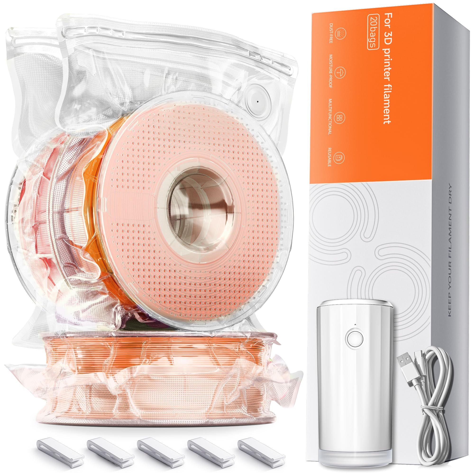 Filament Storage Bags with Auto Pump - Upgraded 20 Extra Large Filament Bags (14.9 * 13 inch) Plus 20 Desiccants and 5 Clips - E