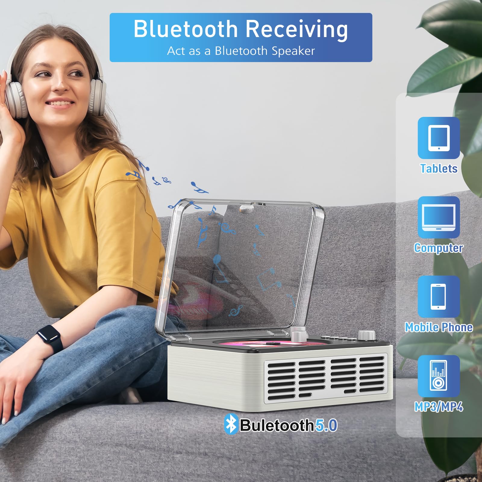 WSJSYH Portable CD Player with Bluetooth, Double HiFi Speakers, FM Radio, AUX/USB, Sleep Mode - White Boombox for Home & Office