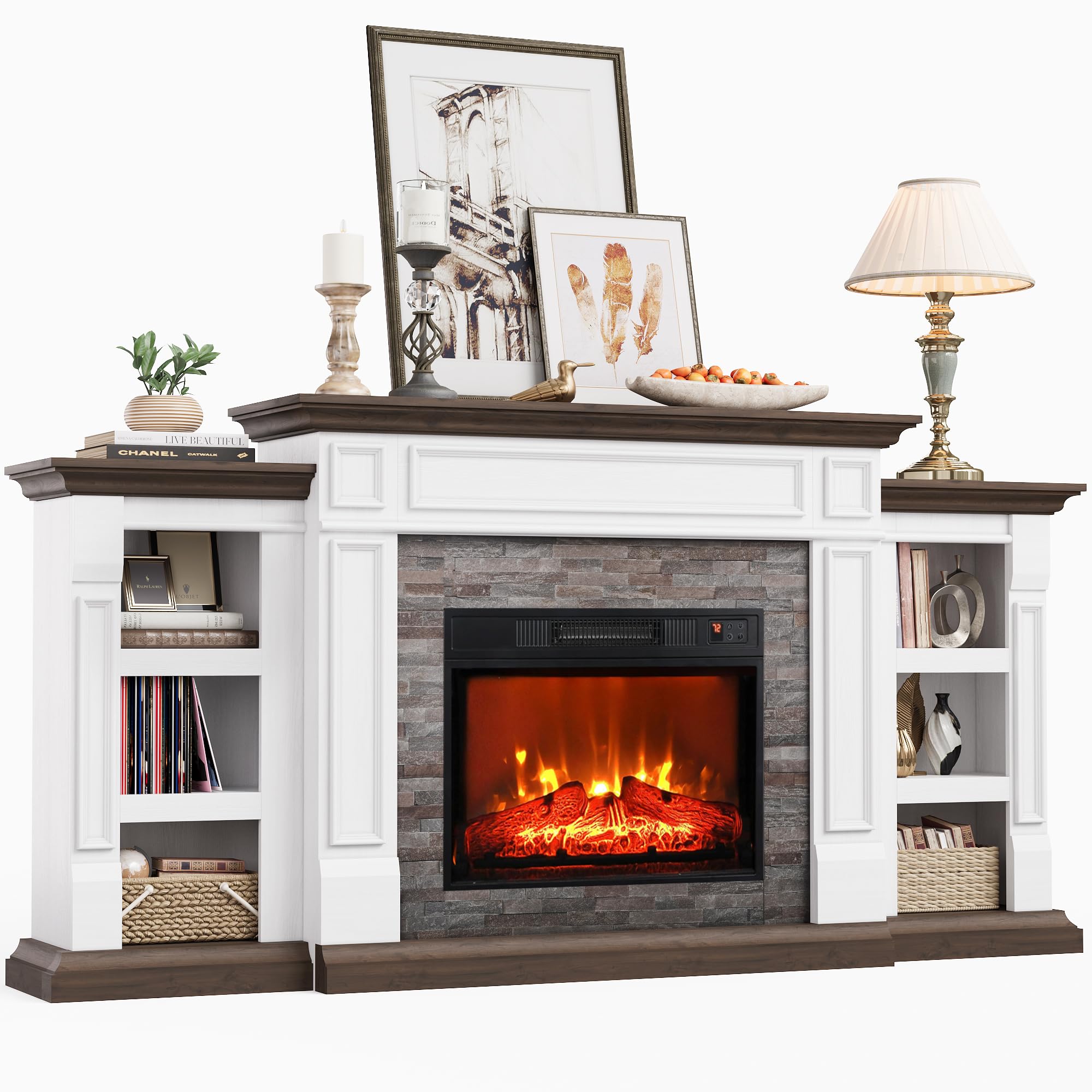 Naice 70'' Electric Fireplace With Mantel And Cabinets, Fireplace Tv Stand For Living Room Bedroom, Stacked Stone Surround And R