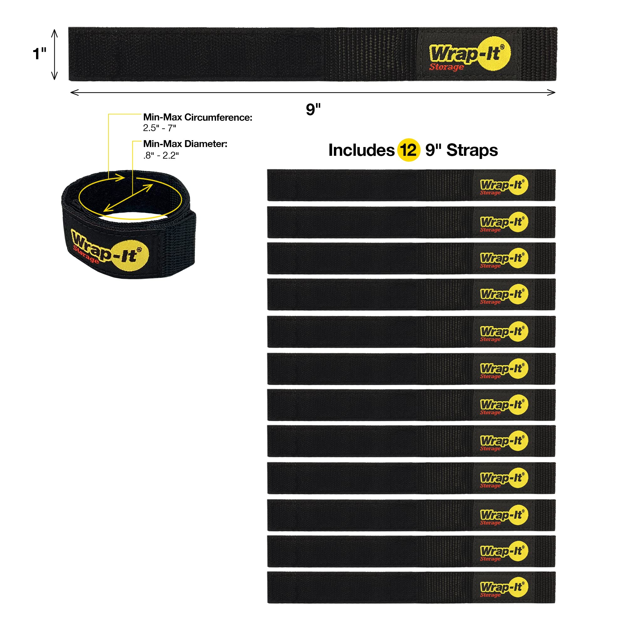 Quick Straps By Wrap It Storage   9    (12 Pack) Black   Hook And Loop Straps For Hose And Cord Storage And Organization