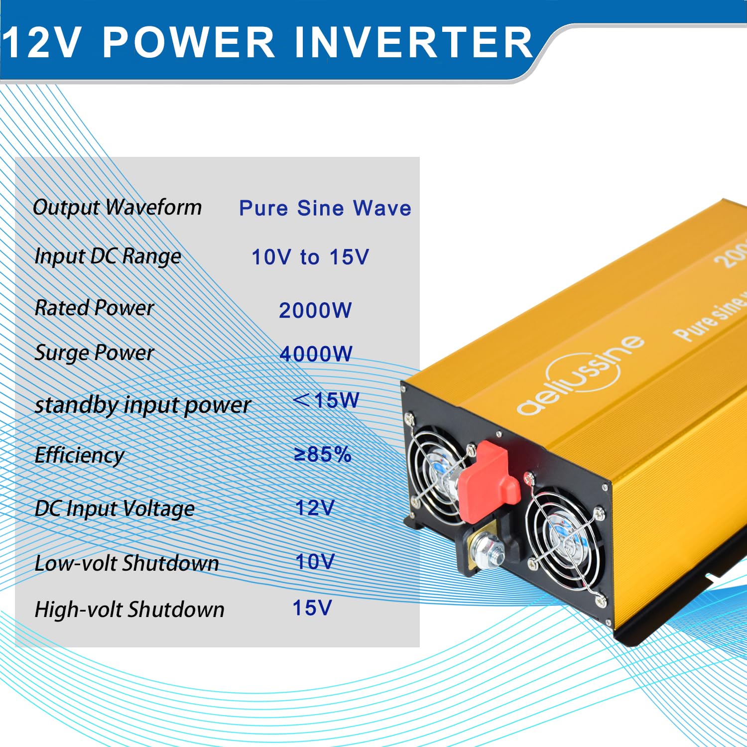 Aeliussine 2000W Pure Sine Wave Inverter-12V Dc To 110V 120V Ac Power Converter With 2 Ac Outlets, 12 Volt Power Inverter For Tr