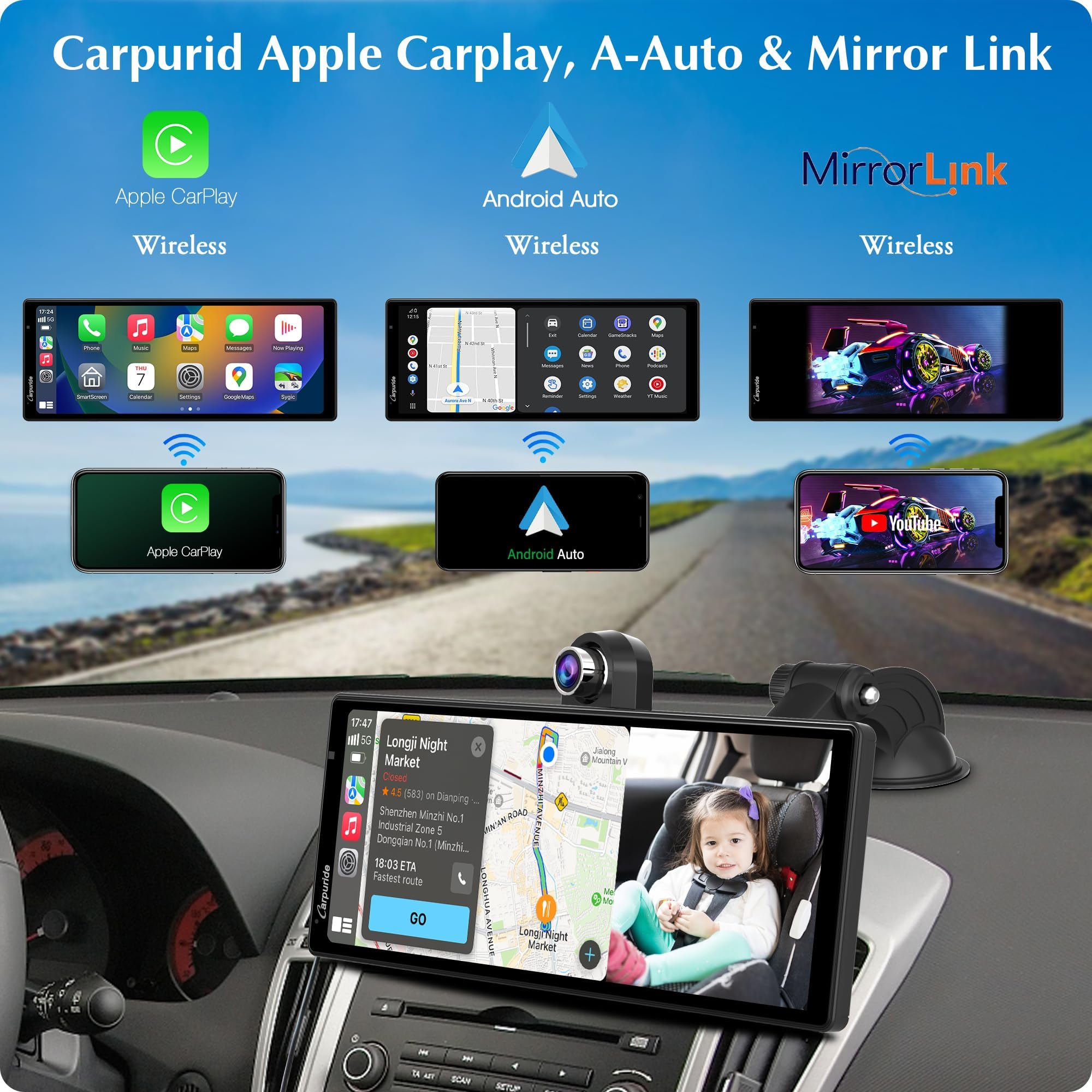 2025 Carpuride W903 Wireless Carplay & Android Auto With Dash Cam   9.3' Hd Ips Touch Car Play Screen For Car, 4K Front & 1080P Rear Camera, Loop Recording, Bluetooth Audio, Mirror Link, Gps, Siri