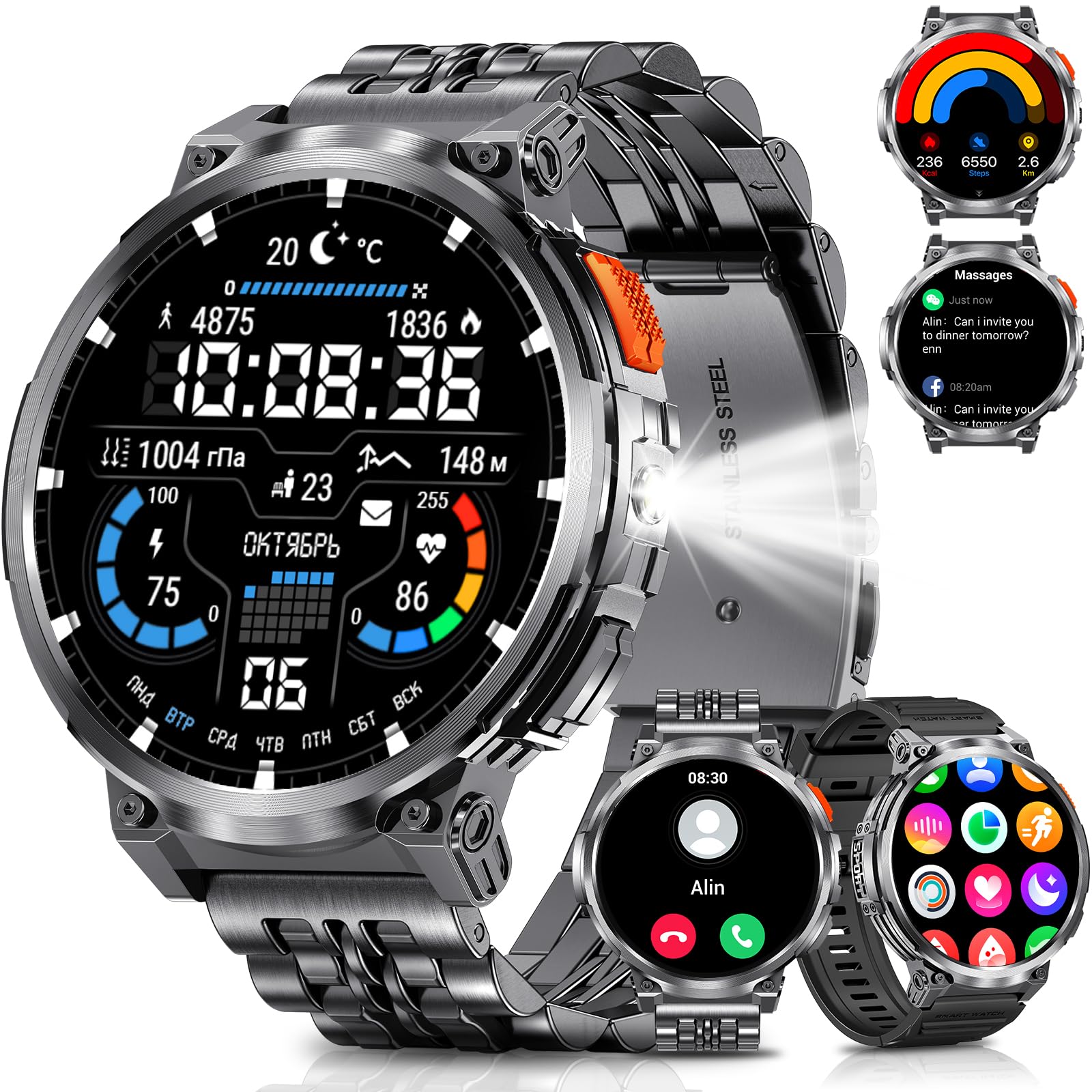 Podoeil 1.85 '' Big Screen Military Smart Watch For Men With Flashlight, 730Mah Large Battery, Ip68 Waterproof, Bluetooth Callin