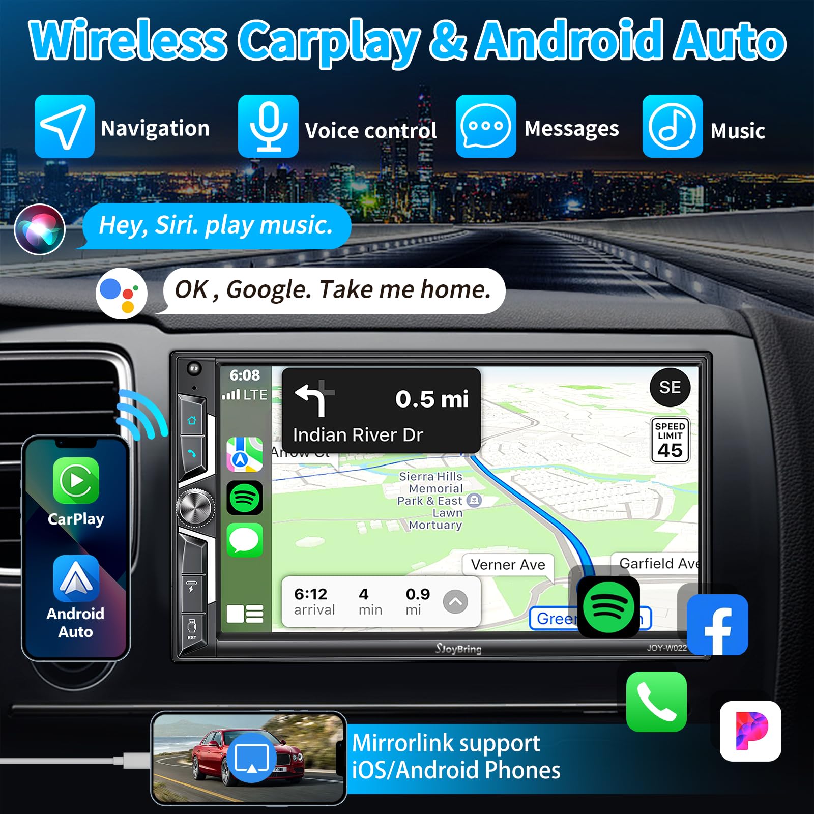 Sjoybring Wireless Double Din Car Stereo With Carplay, Android Auto, Qled Touchscreen, Bluetooth, 4 Channel Rca, 60W*4 High Powe