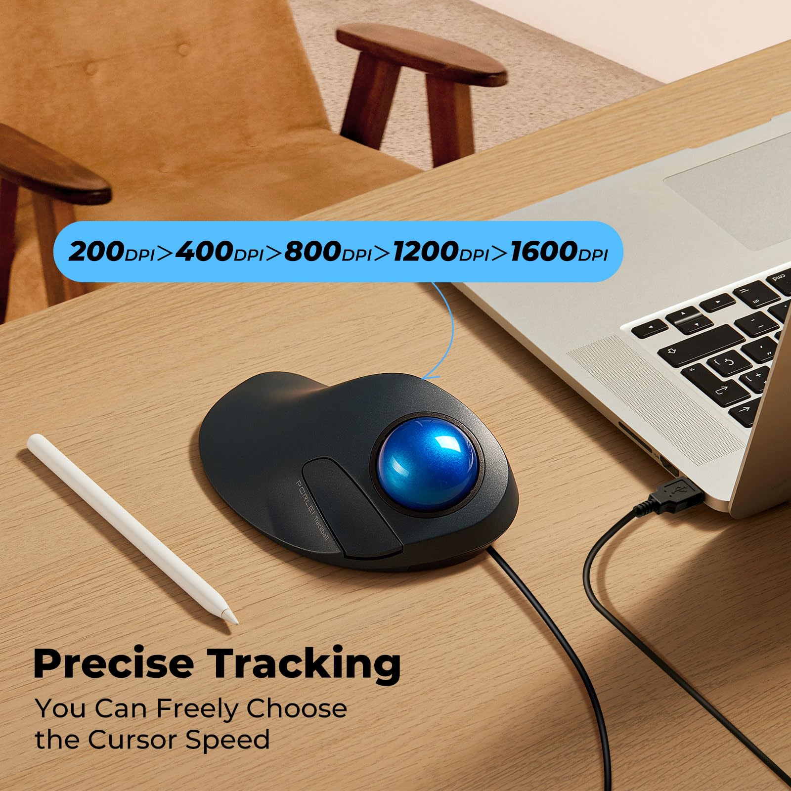 Porlei Wired Trackball Mouse, Easy Index Finger Control, Ergonomic Comfort Design Reduces Muscle Strain, Precision And Smooth Tr