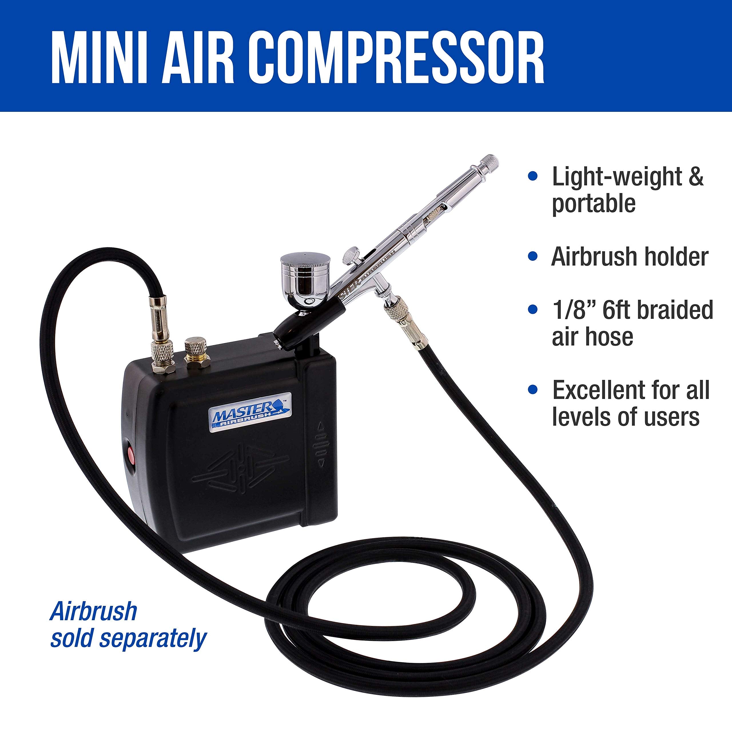 Master Model C16 B   Black Mini Airbrush Air Compressor With 6 Foot Braided Air Hose With 1/8 In. Ends