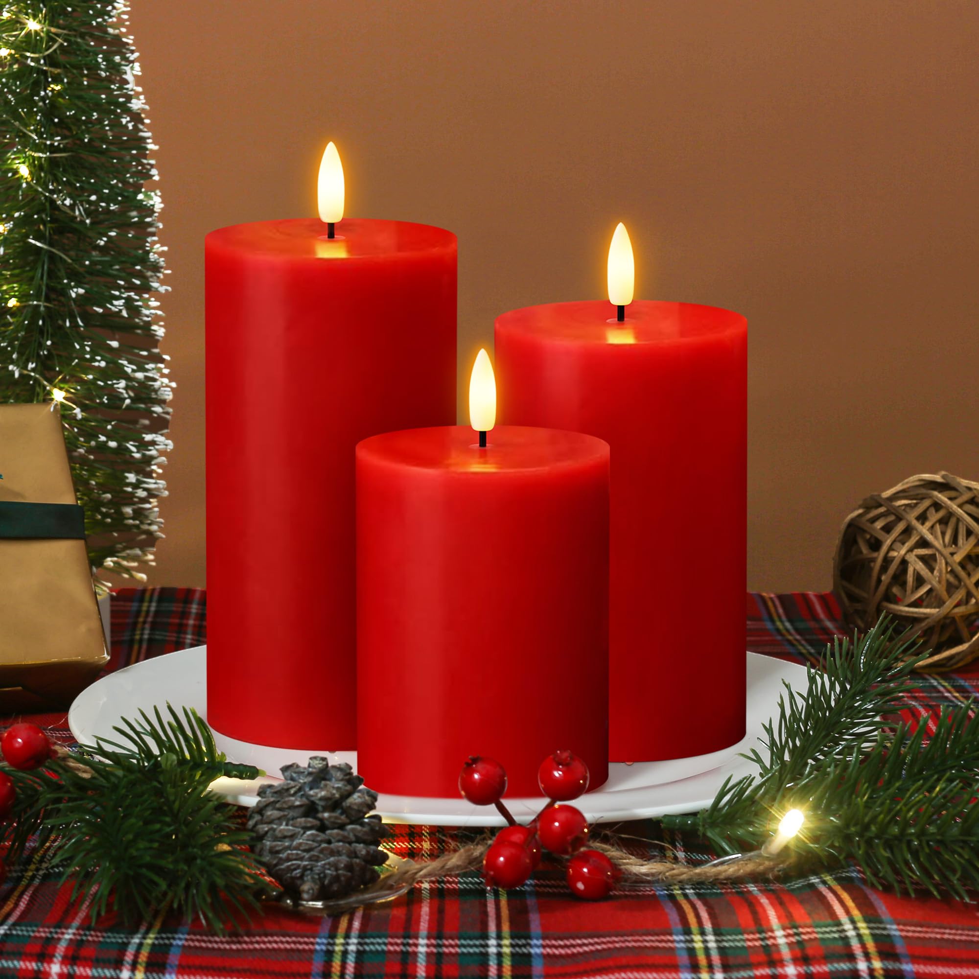JOIONE Christmas Red Flameless Pillar Candles with Remote Set of 3, Battery Operated Real Wax LED Cabdle, Perfect for Xmas Windo
