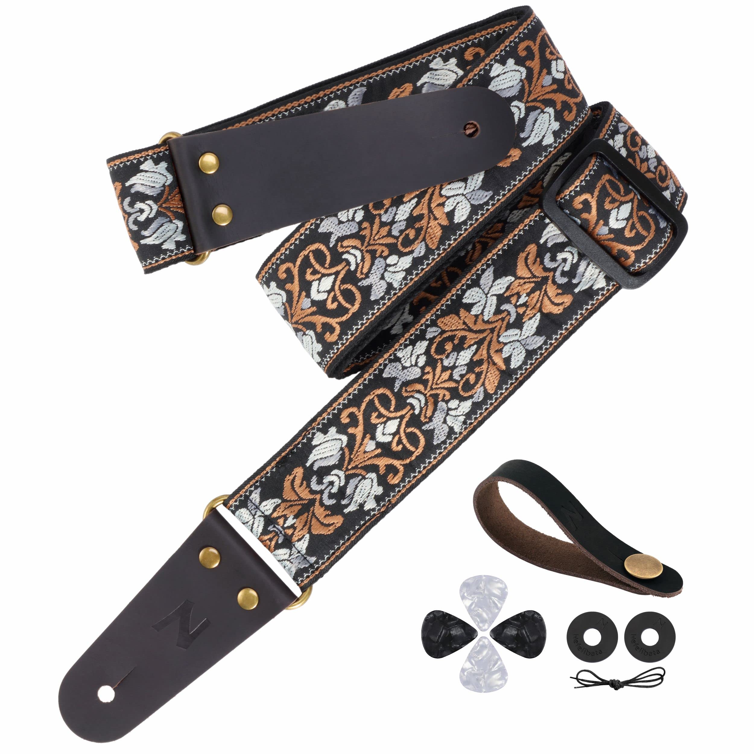 Nefelibata Guitar Strap, 2 Jacquard Embroidery Guitar Straps, Full Grain Leather Ends with Hidden Pocket, for Bass, Electric and